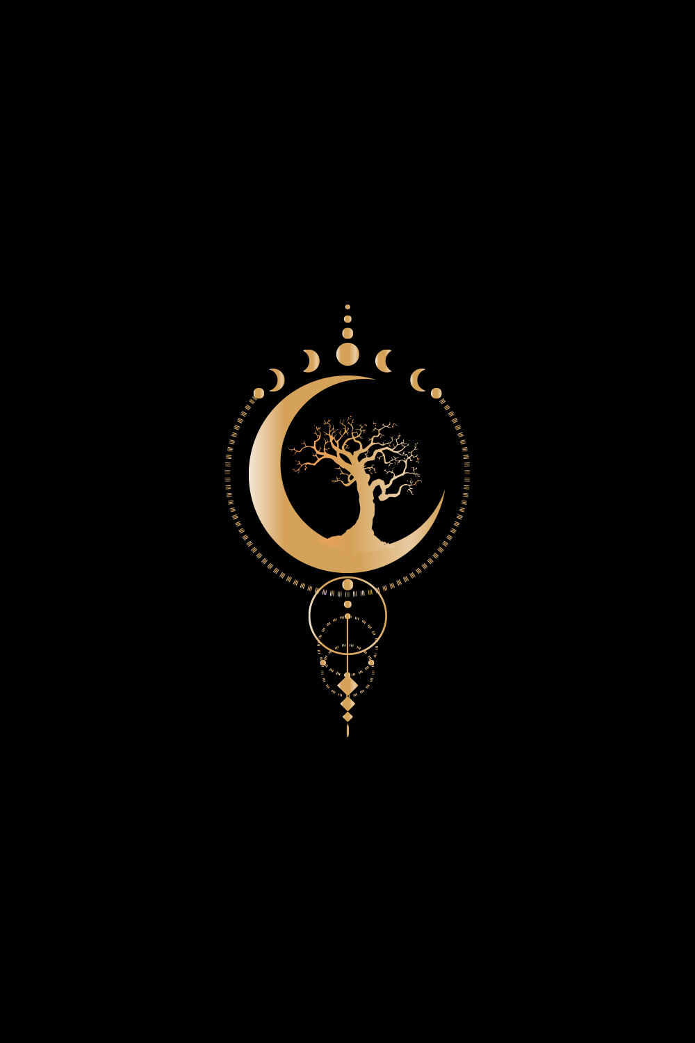 Mystical Moon Phases, tree of life, Sacred geometry Triple moon, half moon pagan Wiccan goddess symbol, gold gradient banner sign, energy circle pinterest preview image.