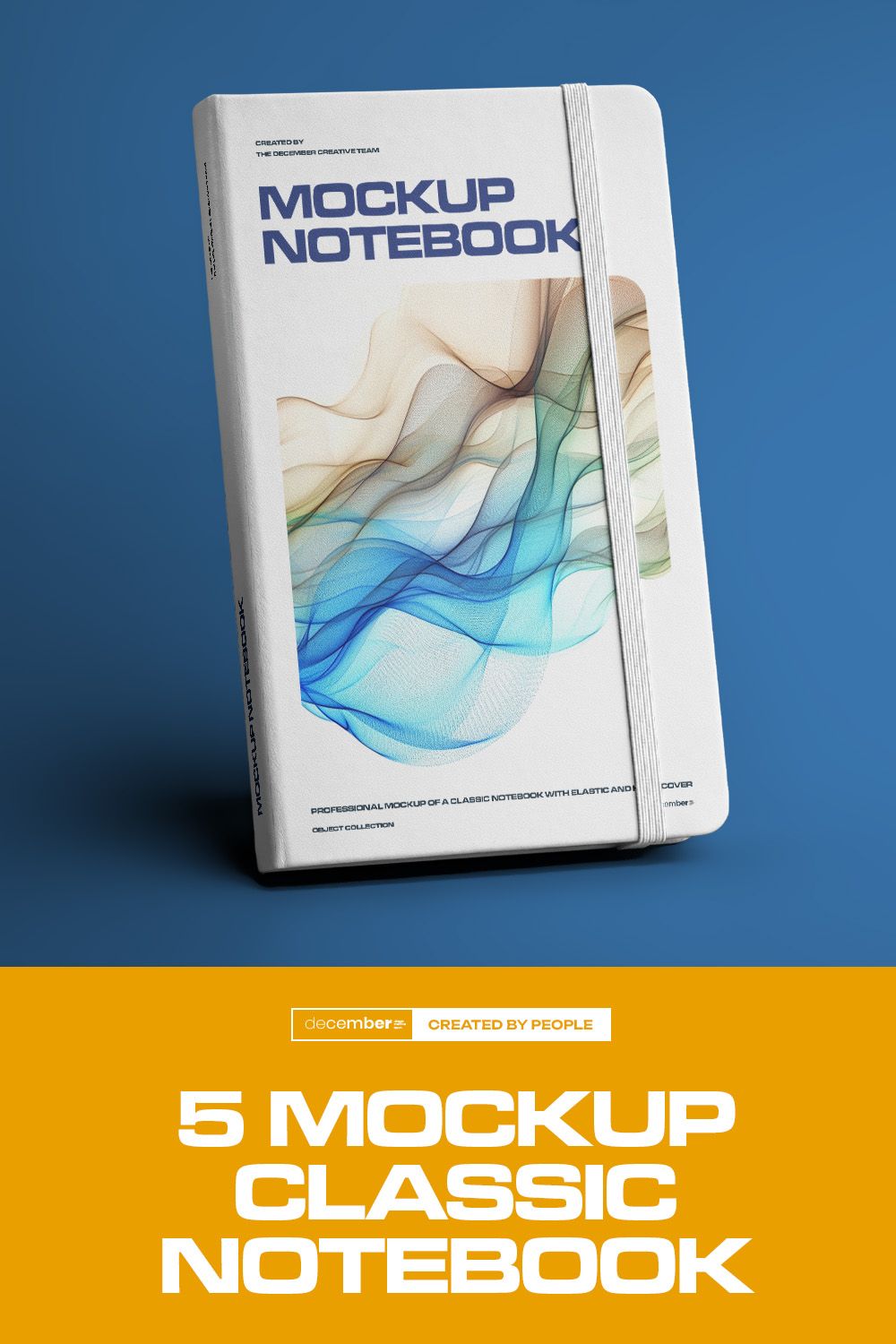 5 Mockups of Classic Notebook with Band and Hard Cover pinterest preview image.