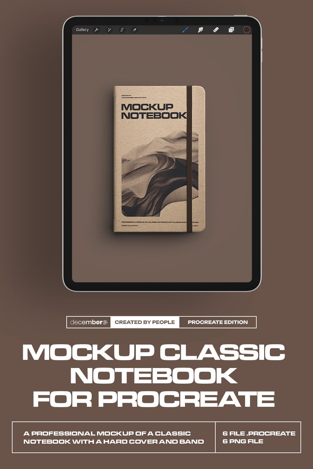 6 Mockups of Classic Notebook with Band and Hard Cover for Procreate pinterest preview image.