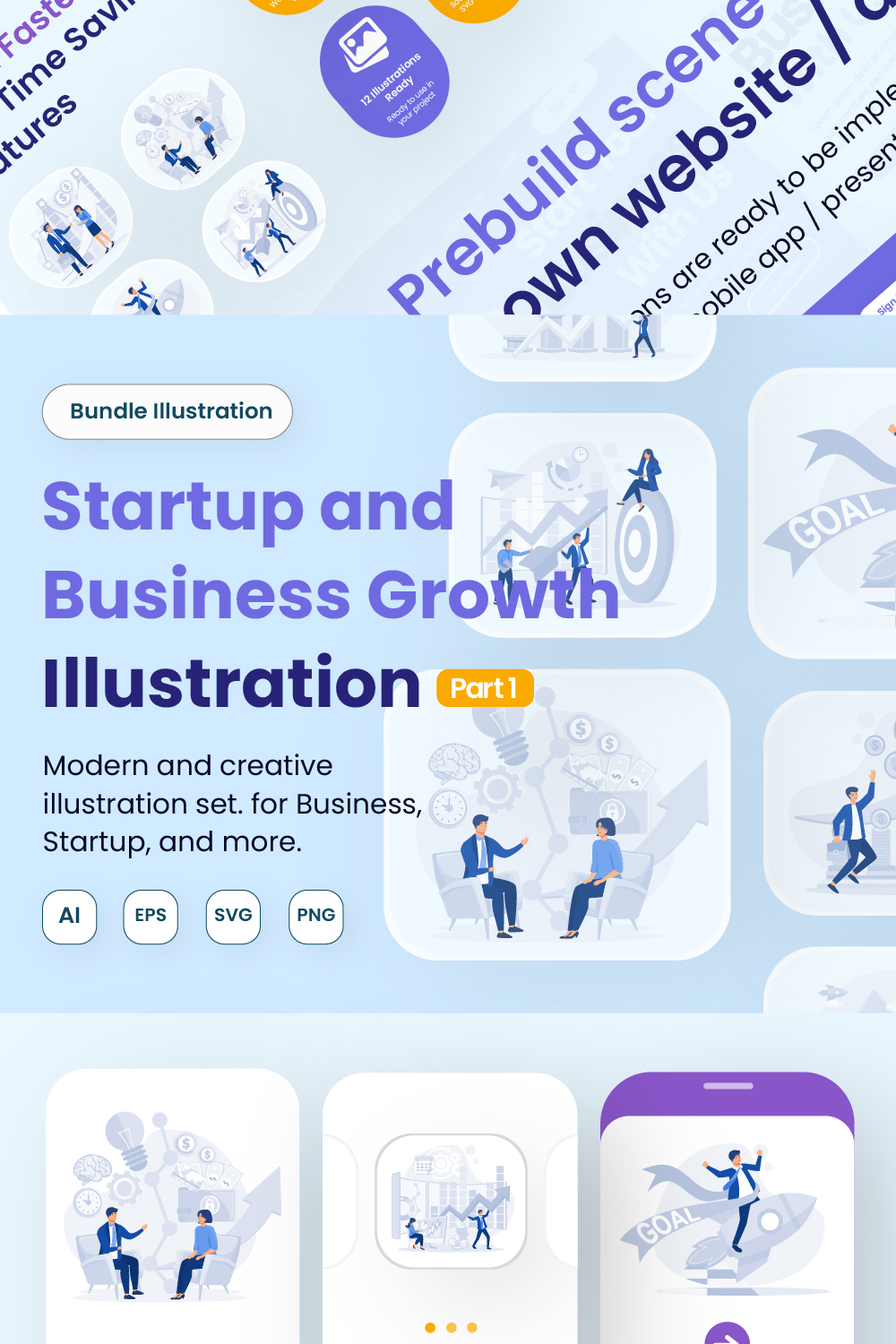 Startup & Business Growth Kit UI Illustrations for Web Apps & Presentations pinterest preview image.