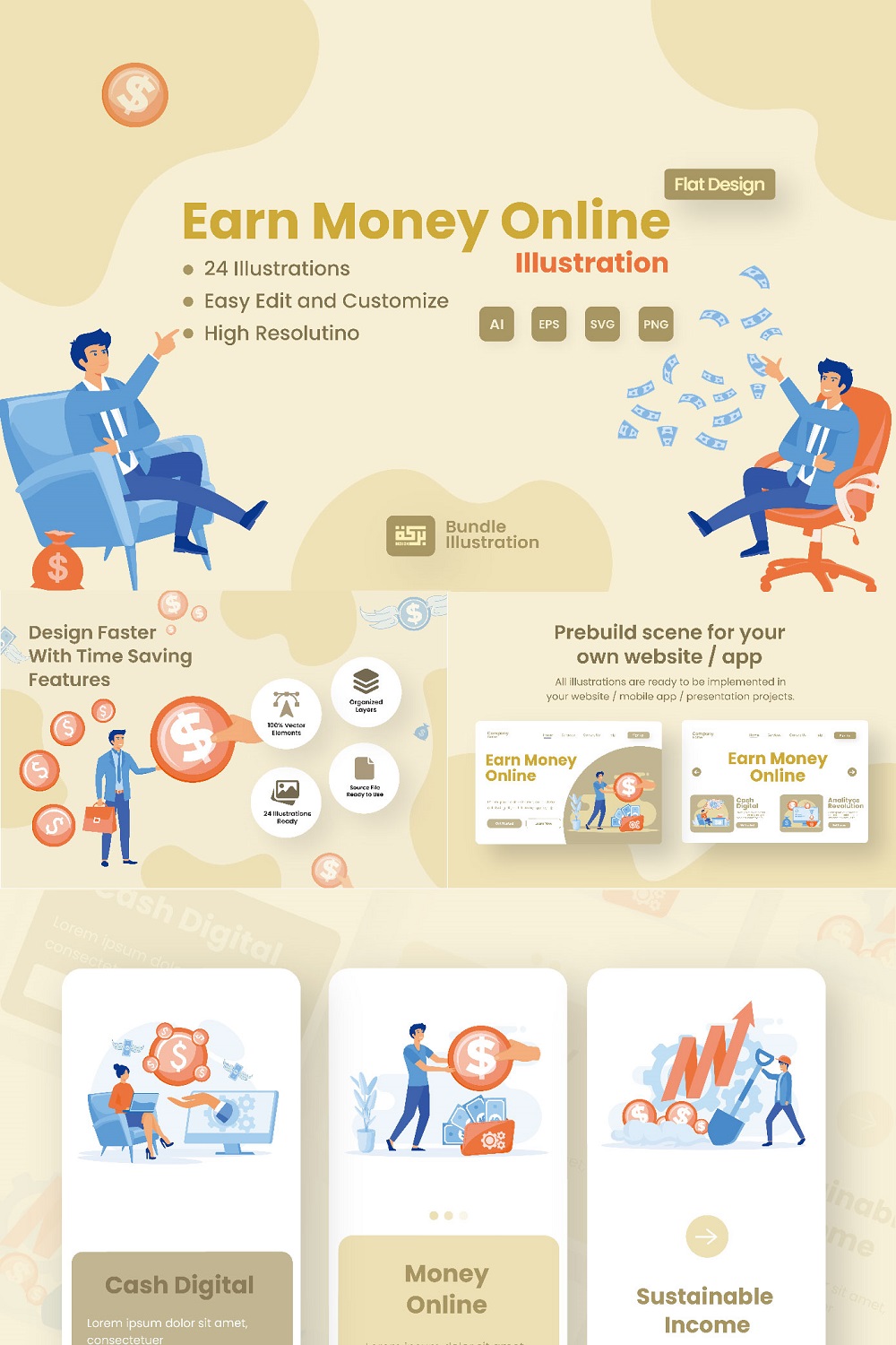 Digital Income Illustration Design pinterest preview image.