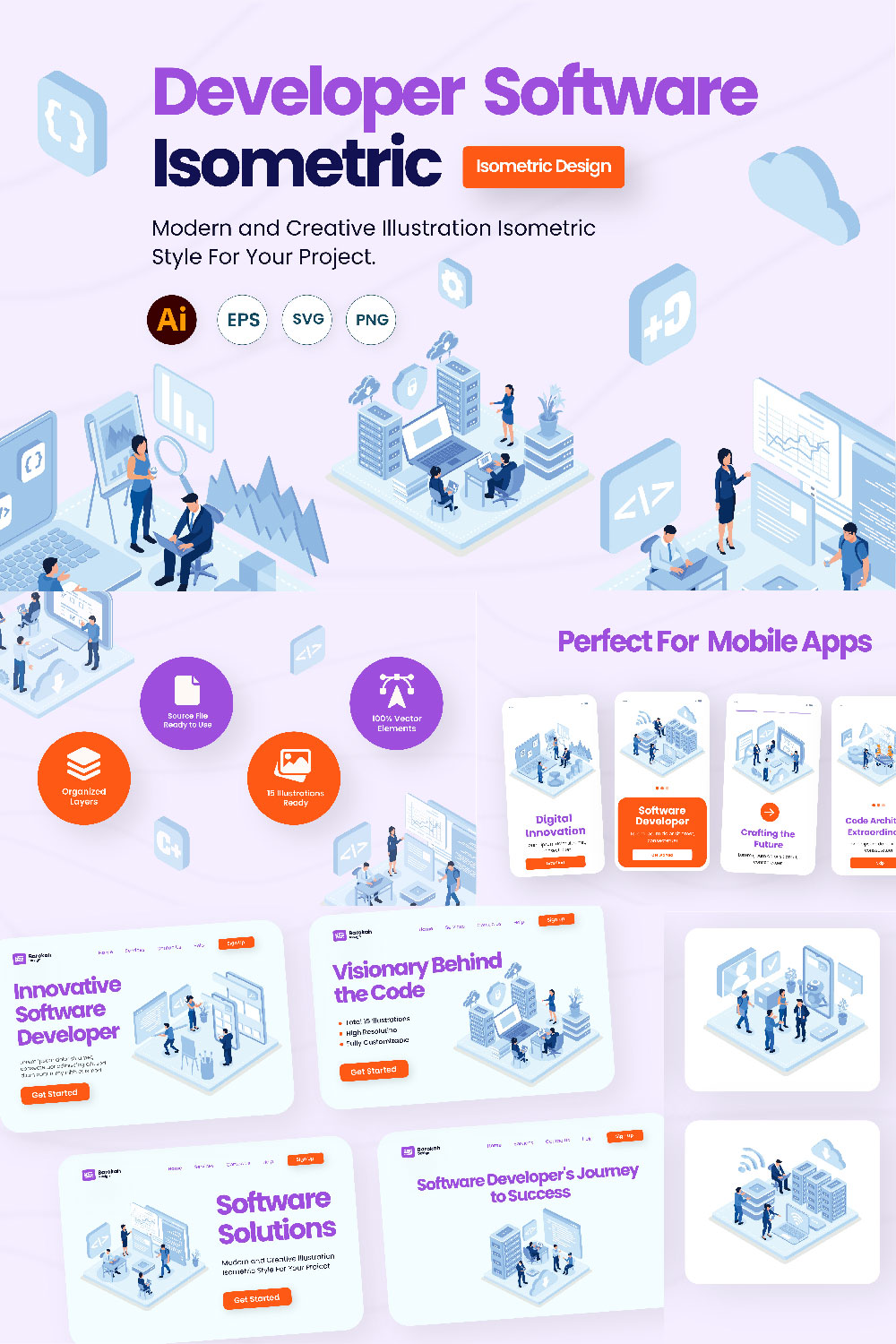 15 Illustrations Related to Software Development for Web, App, & Presentation pinterest preview image.