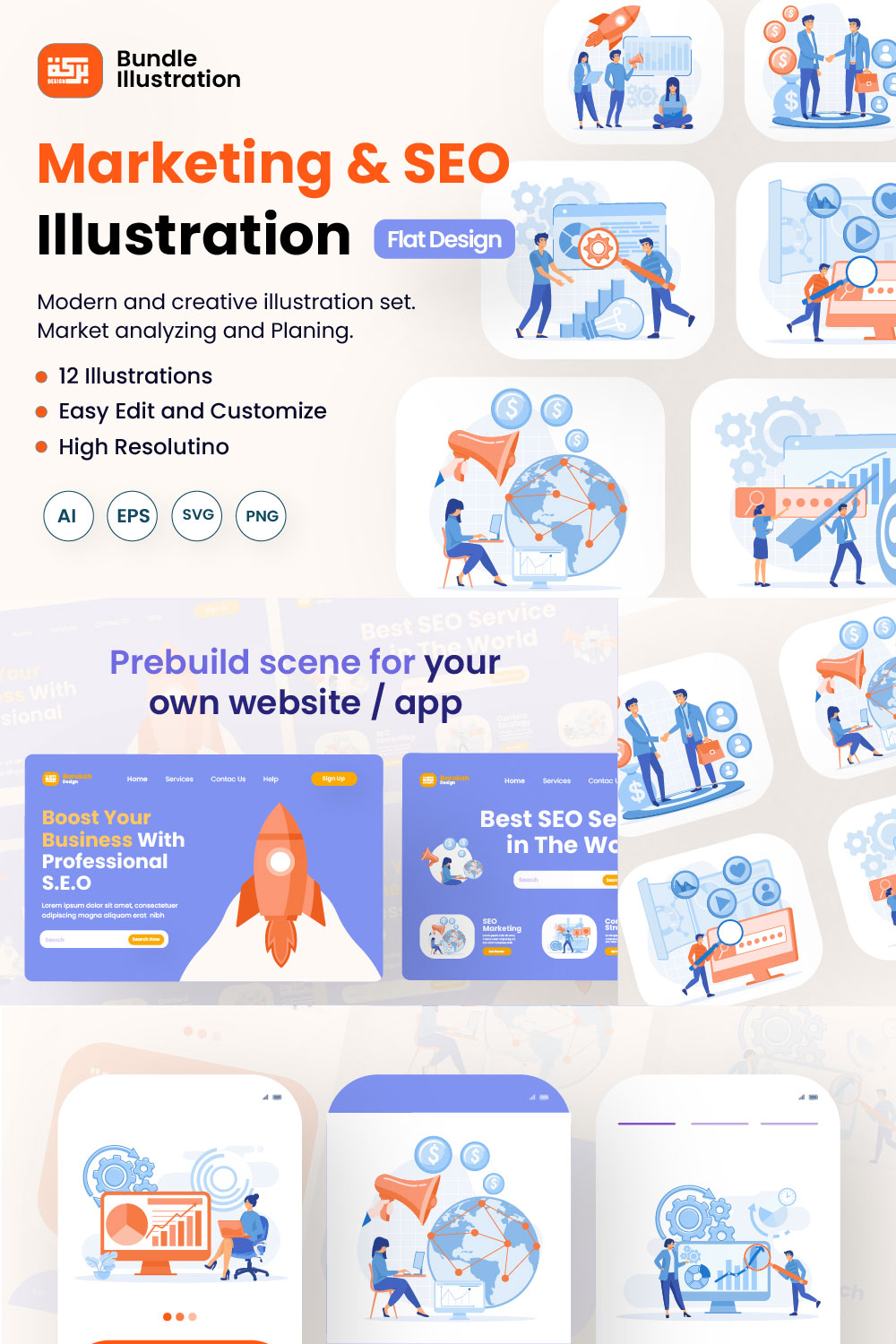 12 Marketing & SEO Strategy Illustrations for Web Applications and Presentations pinterest preview image.