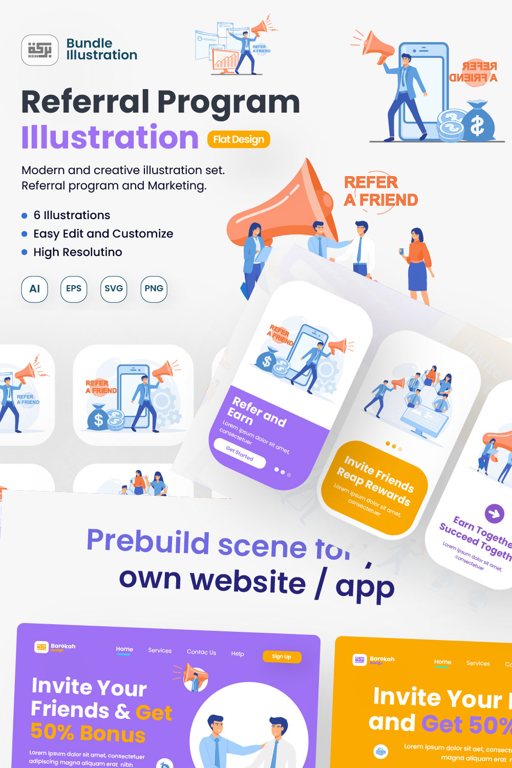 Referral Program UI Design Illustration in Marketing for App, Web, & Presentations pinterest preview image.
