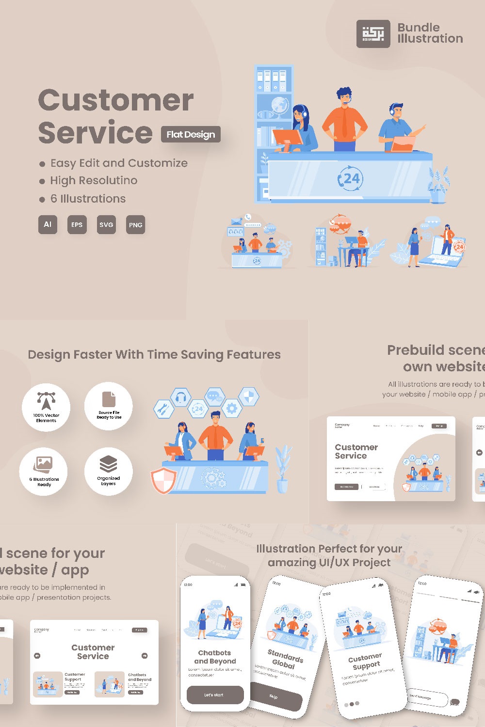 Customer Support & Assistance Service Illustration Design pinterest preview image.