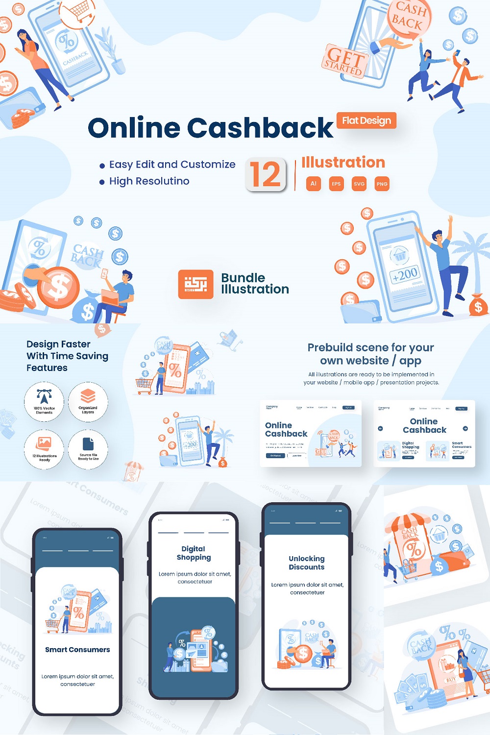 Mobile Cash Back Illustration Design pinterest preview image.