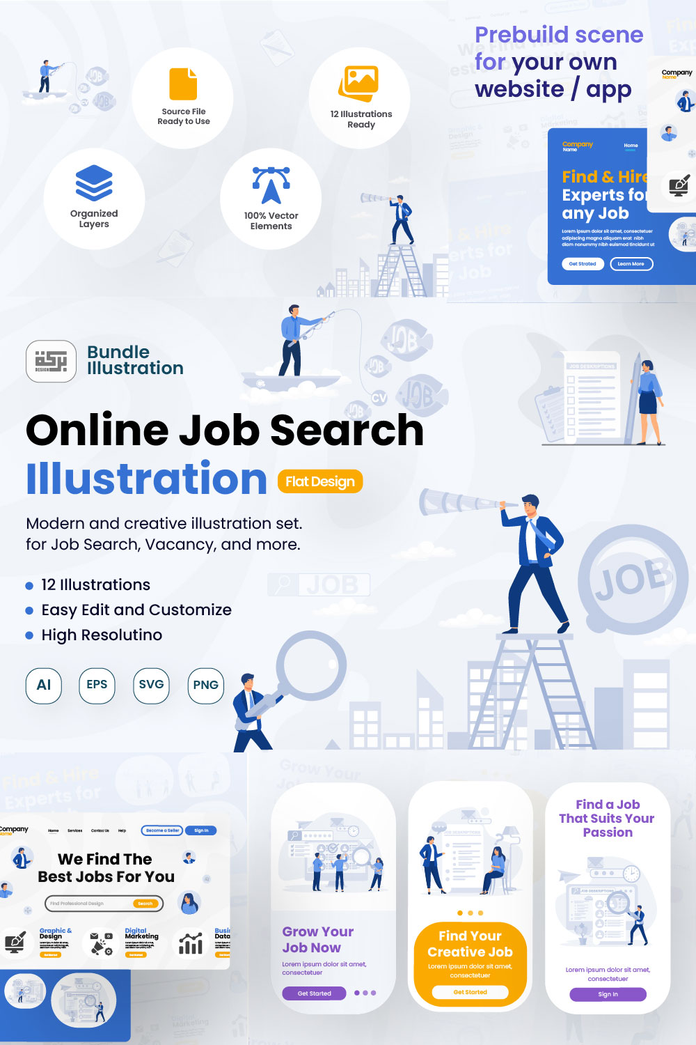 Online Job Search and Recruitment UI Design Illustration for Web Apps & Presentations pinterest preview image.