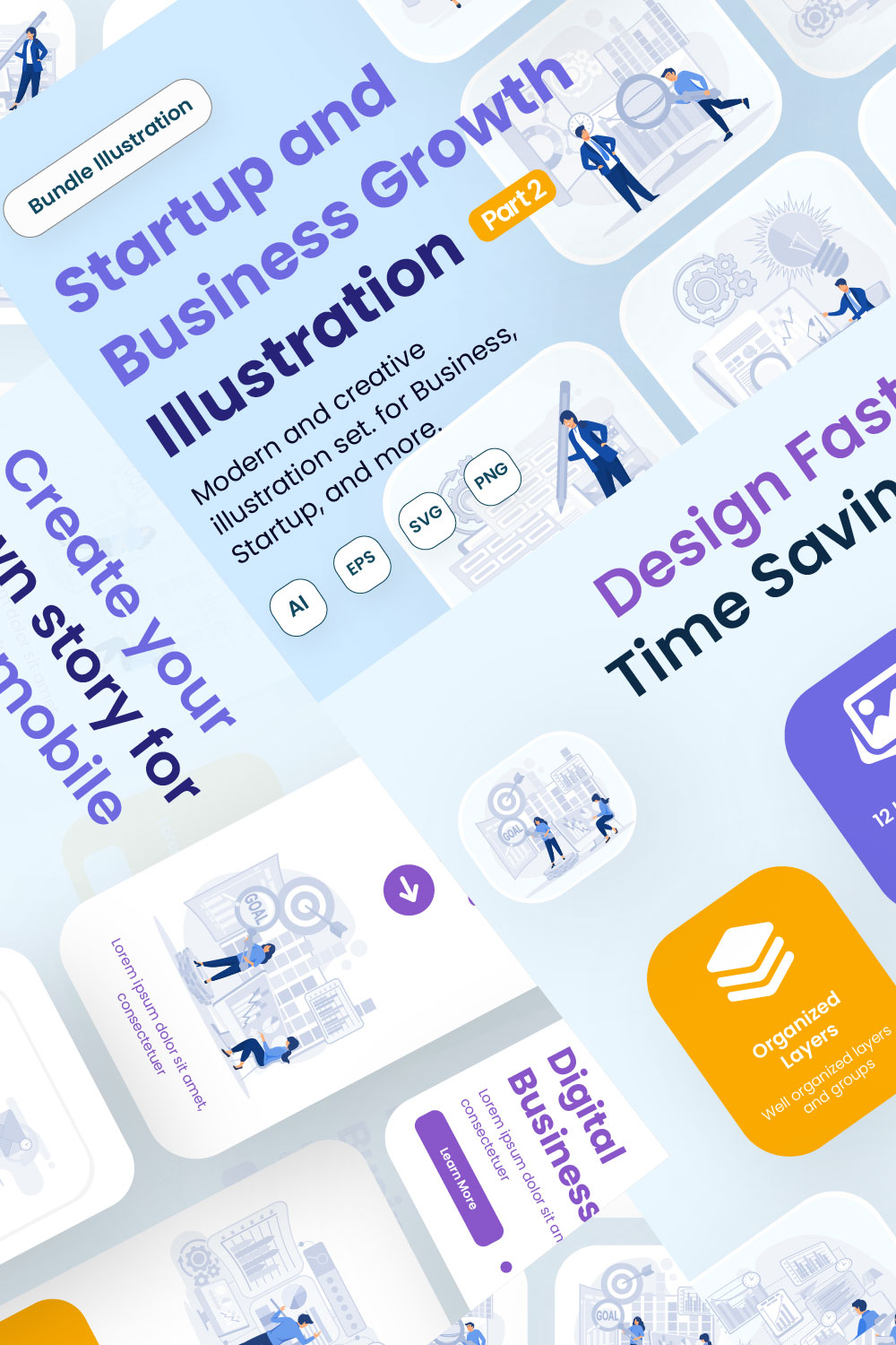 Startup & Business Growth Kit UI Illustrations for Web Apps & Presentations pinterest preview image.