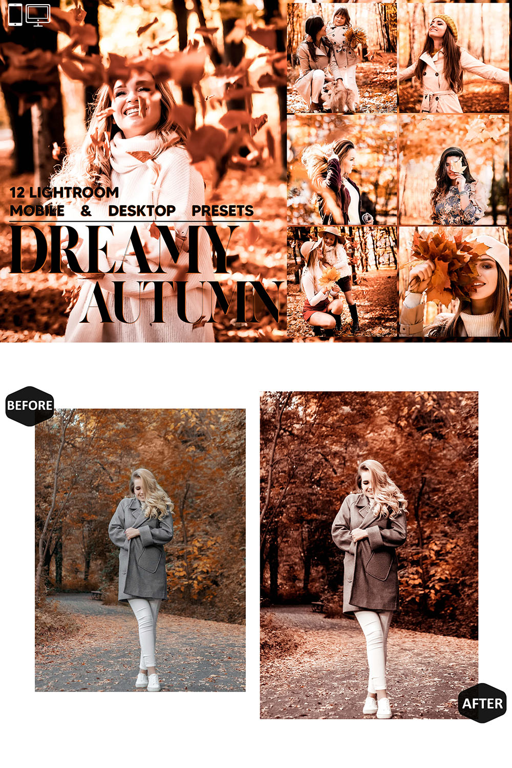 12 Dreamy Autumn Lightroom Presets, Warm Mobile Preset, Moody Desktop LR Filter DNG Portrait Instagram Theme, Vibrant Color, Blogger CC pinterest preview image.
