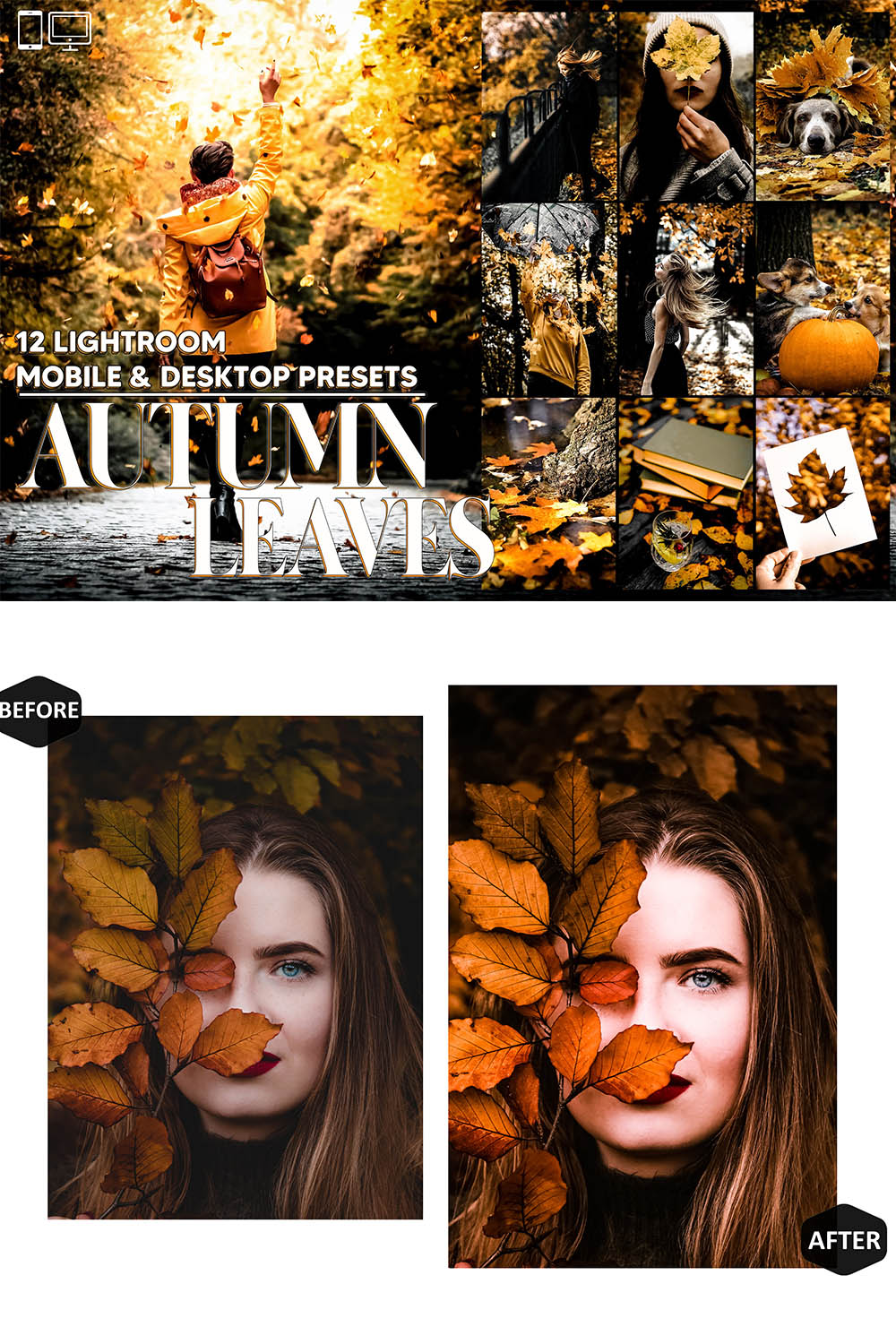 12 Autumn Leaves Lightroom Presets, Fall Mobile Preset, Moody Desktop LR Filter DNG Portrait, Instagram Theme, Yellow scheme, Blogger CC pinterest preview image.