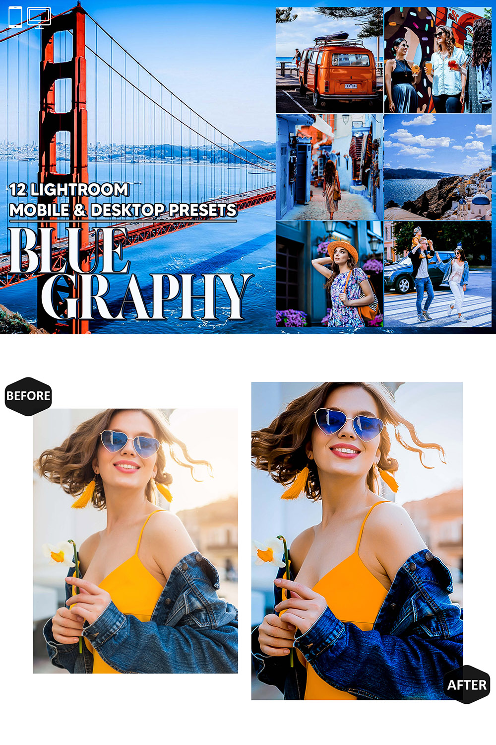 12 Blue Graphy Lightroom Presets, Bluish Mobile Preset, Moody Desktop LR Filter DNG Portrait Instagram Theme For Lifestyle, Summer Scheme pinterest preview image.