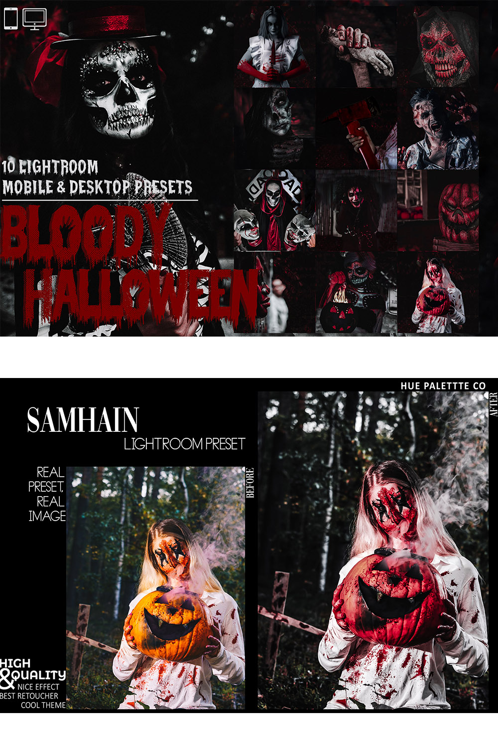 10 Bloody Halloween Lightroom Presets, Deep Moody Mobile Preset, Dark Horror Desktop, Lifestyle Portrait Theme Instagram LR Filter DNG, Red pinterest preview image.
