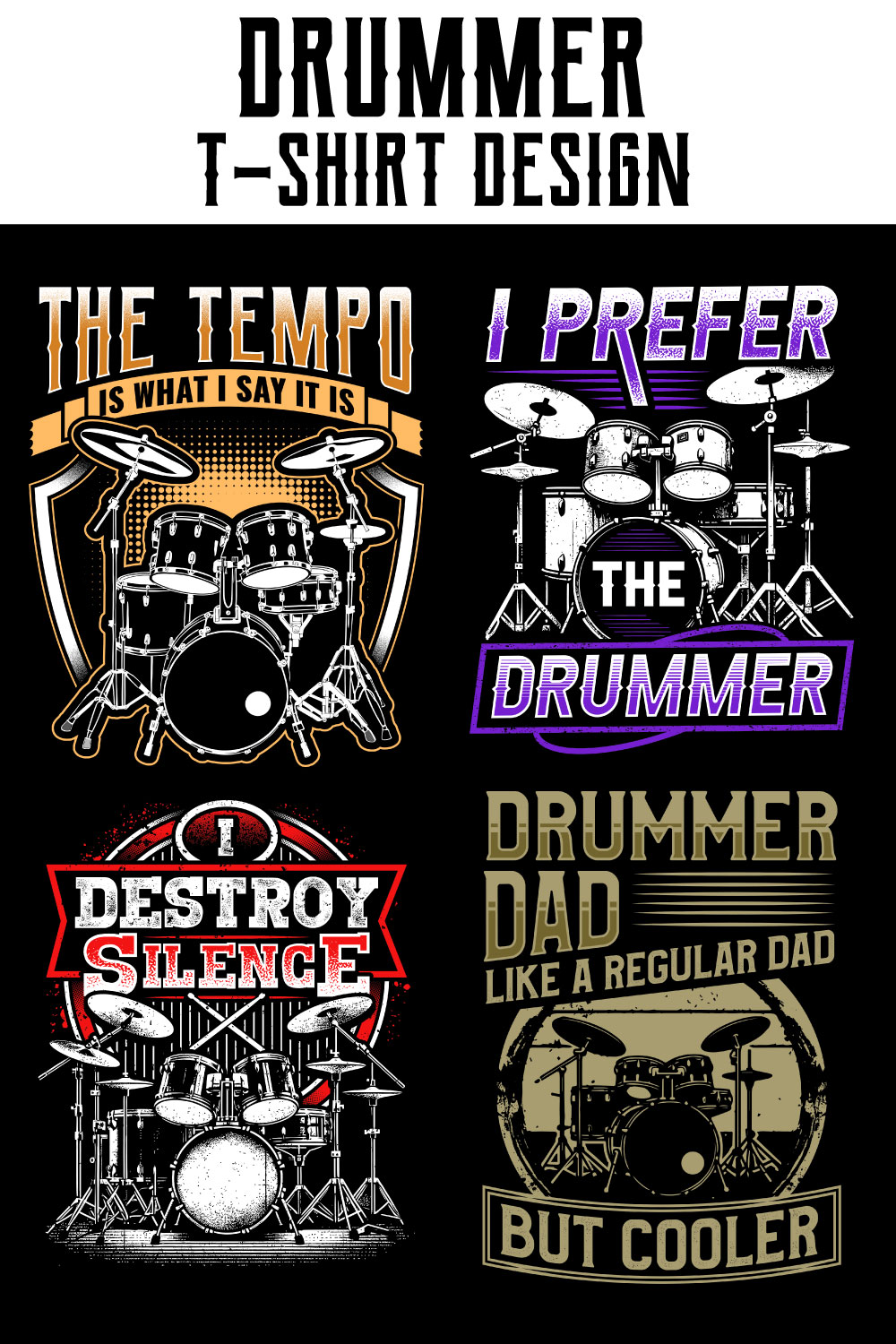 Drummer t shirt design bundle with 10 premium designs pinterest preview image.