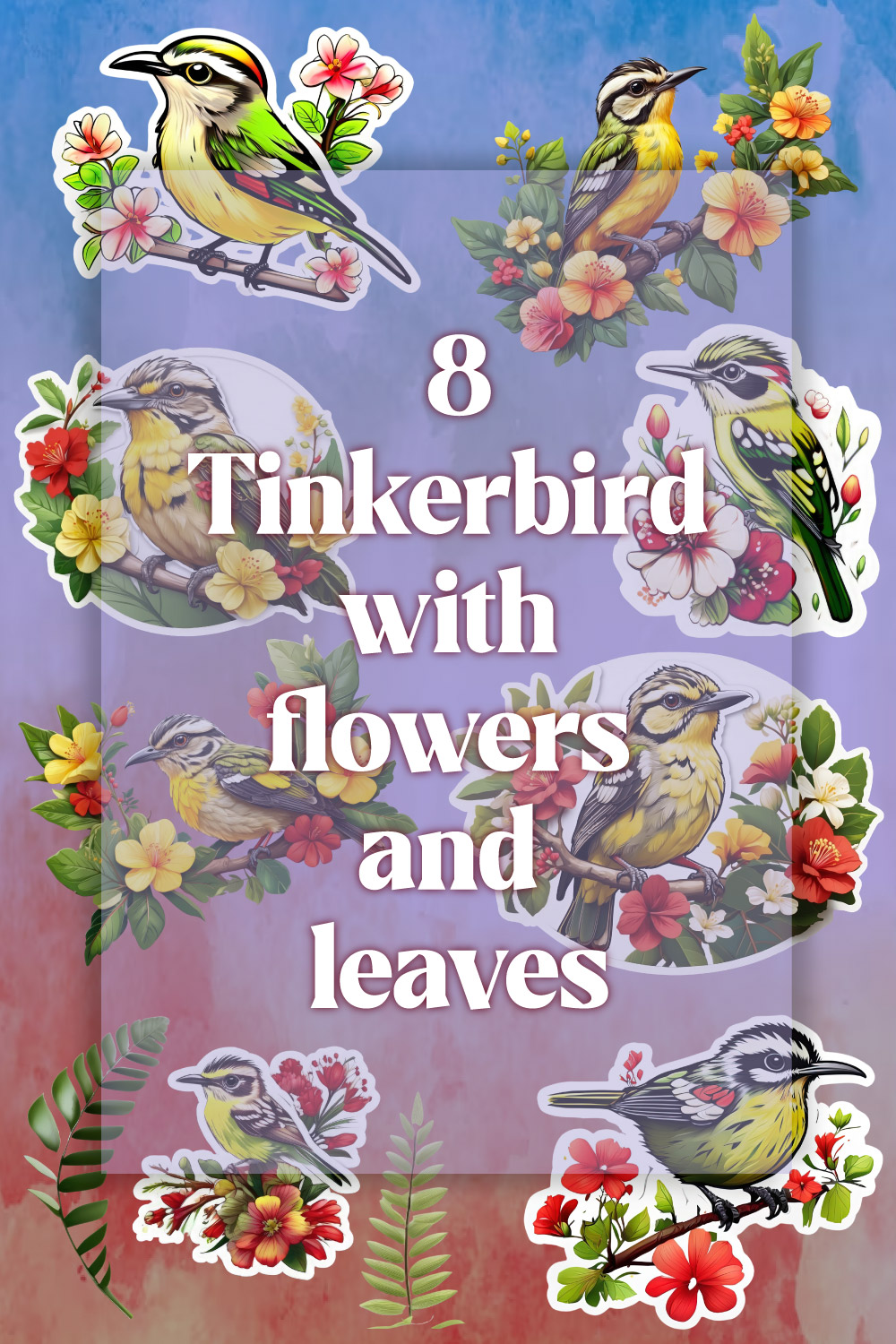 Kawaii Stickers bundle of Tinkerbirds with flowers and leaves for only 4$ pinterest preview image.