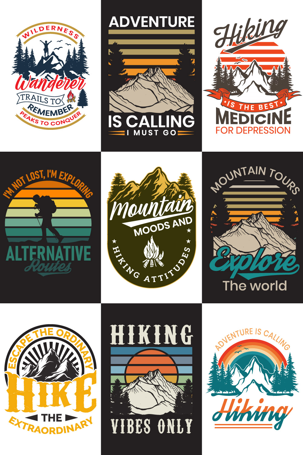 30 awesome Hiking Outdoor Explore T-Shirt Design Bundle pinterest preview image.
