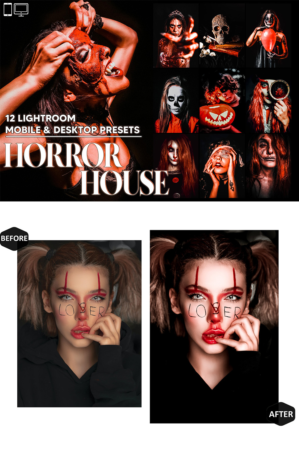 12 Horror House Lightroom Presets, Warm Mobile Preset, Dark Desktop LR Filter DNG Portrait Instagram Theme, Scary Pack, Blogger CC pinterest preview image.