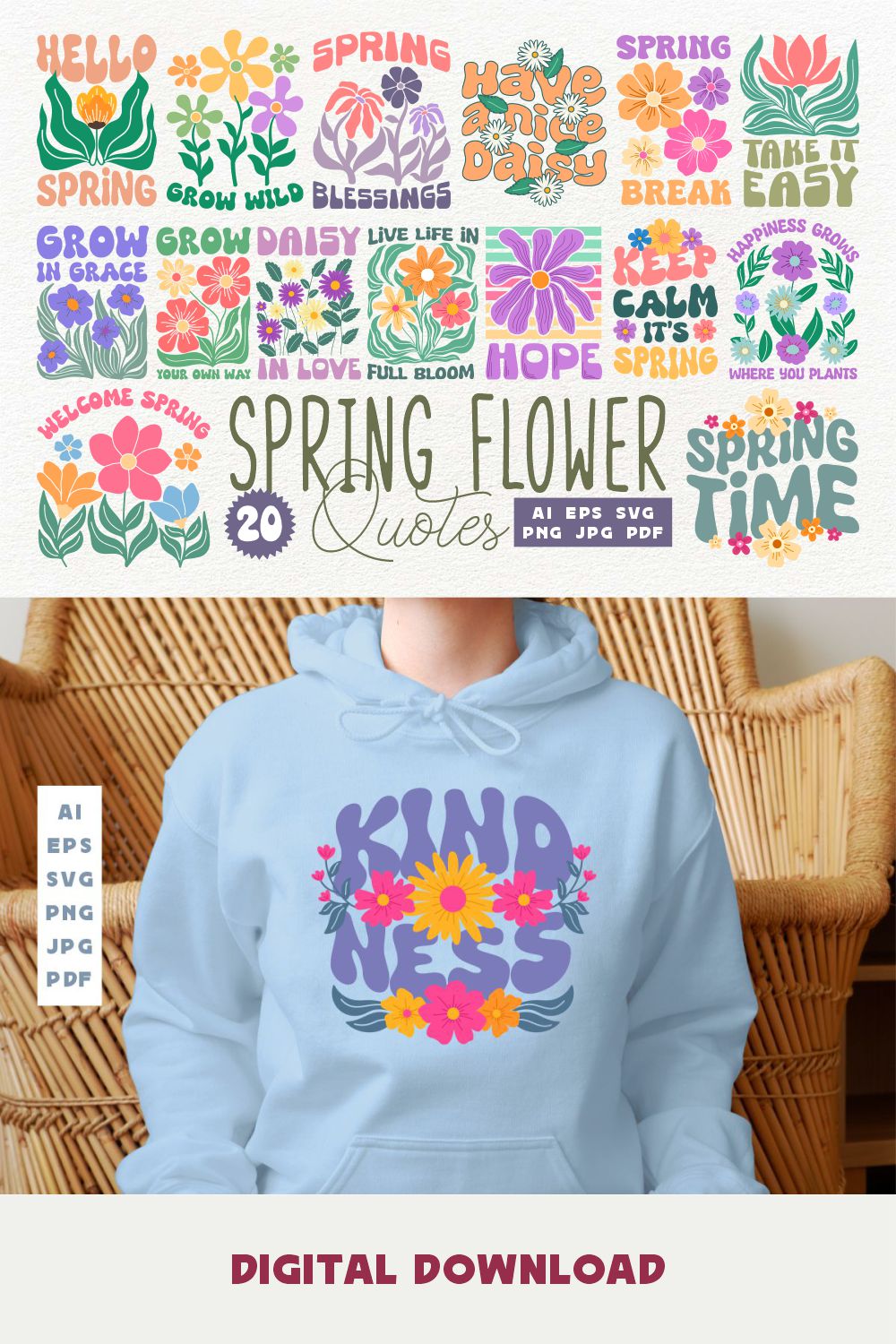 Retro Spring Flowers Quotes SVG PNG T shirt Designs Bundle pinterest preview image.