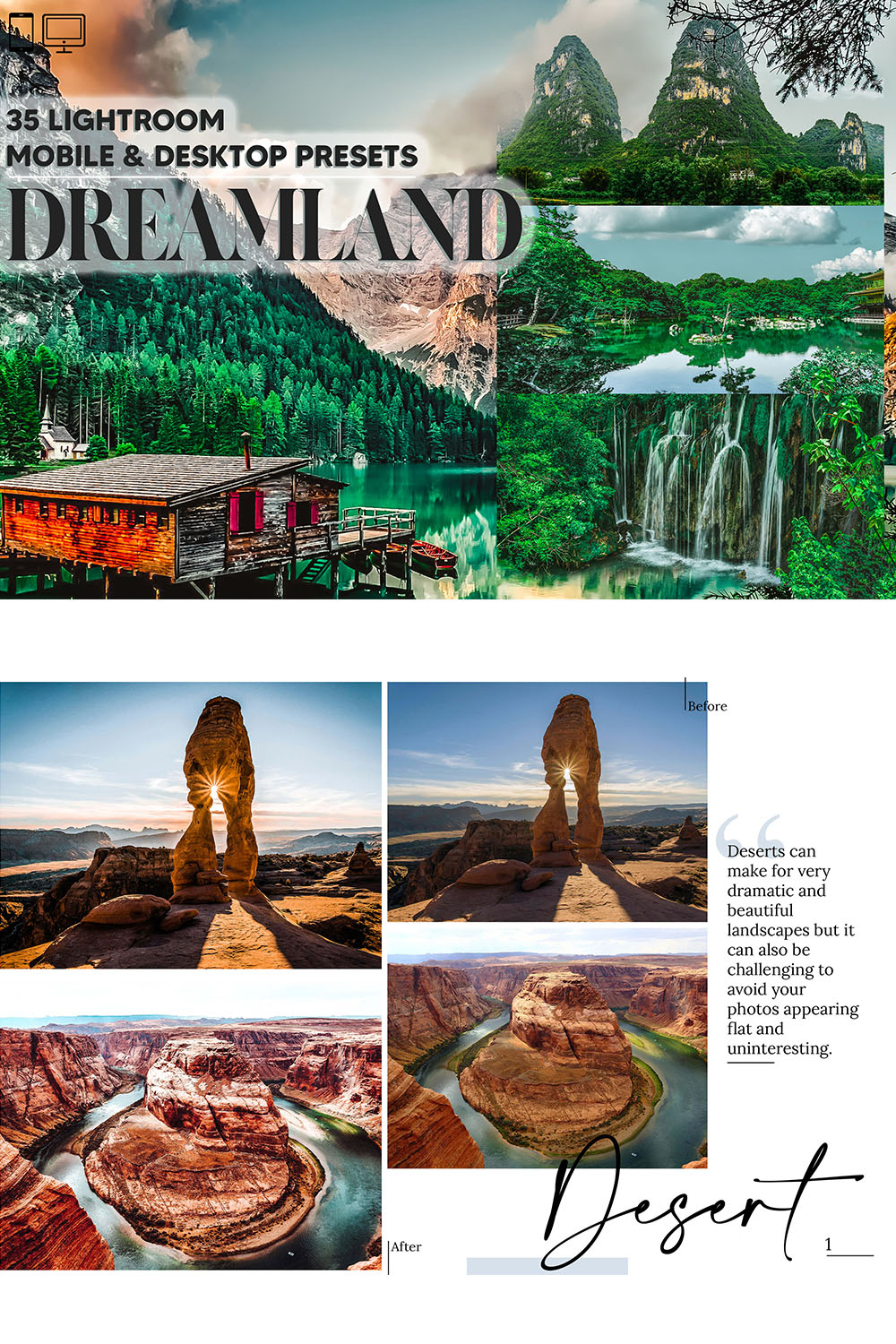 35 Dreamland Lightroom Presets, Landscape Mobile Preset, Scenery Desktop, Lifestyle Portrait Theme Instagram LR Filter DNG Nature Mountain pinterest preview image.