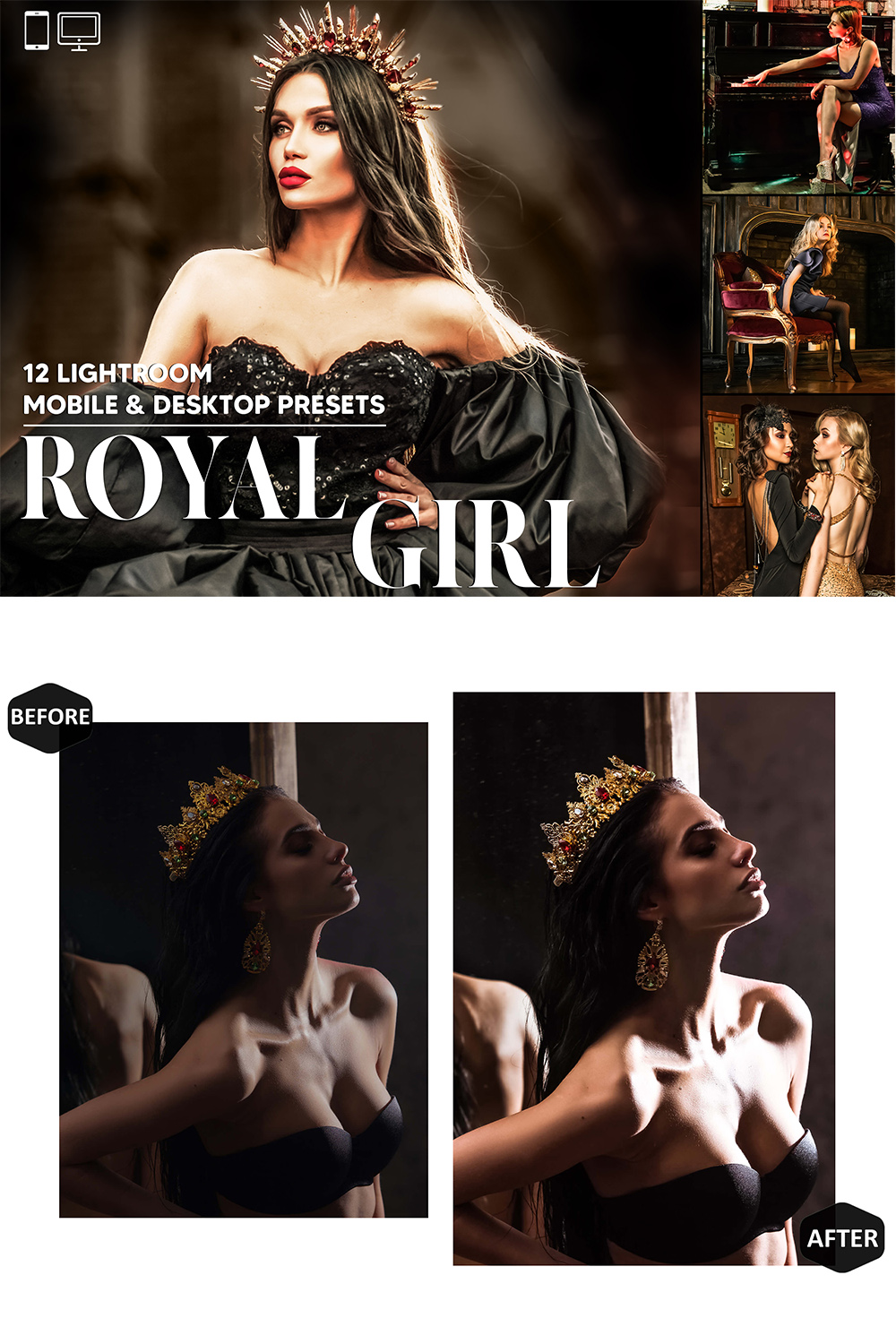 12 Royal Girl Lightroom Presets, Moody Mobile Editing, Lux Desktop LR Filter DNG Influencer Instagram Theme, Glow Hue, Blogger CC pinterest preview image.
