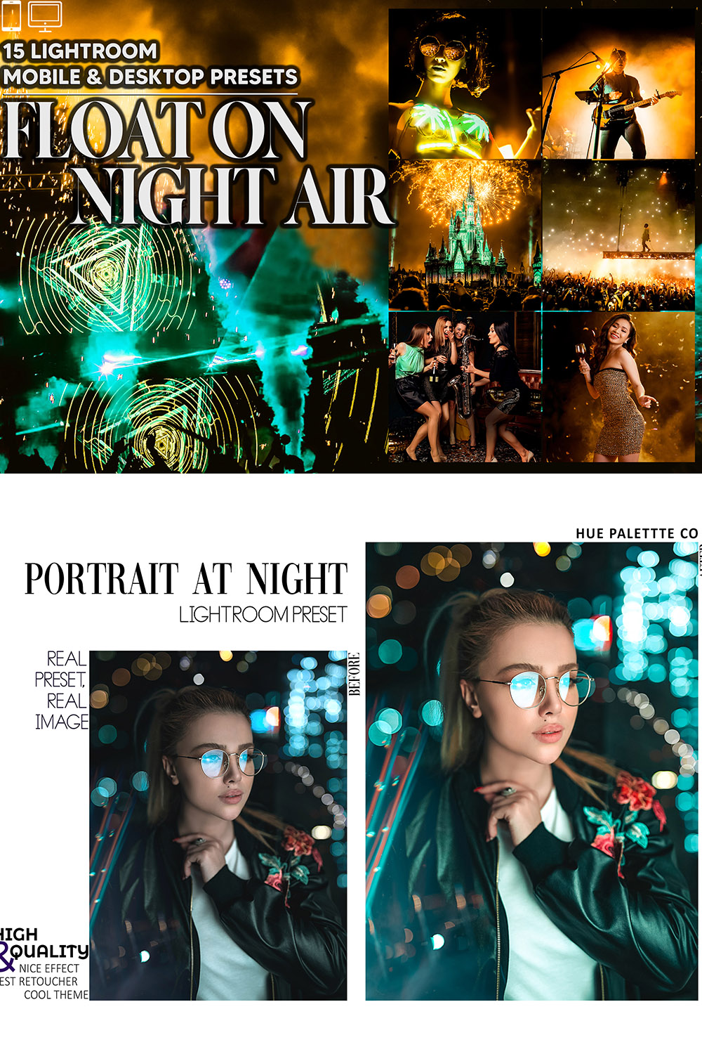 15 Float On Night Air Lightroom Presets, Concert Mobile Preset, Party Club Desktop, Lifestyle Portrait Theme Instagram LR Filter DNG Bright pinterest preview image.