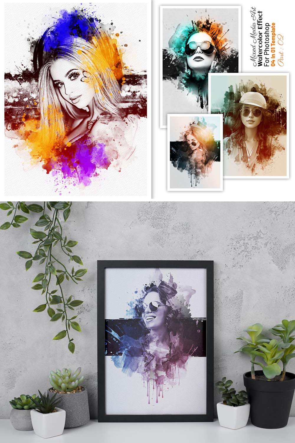 Watercolor Mixed Art Photo Effect pinterest preview image.