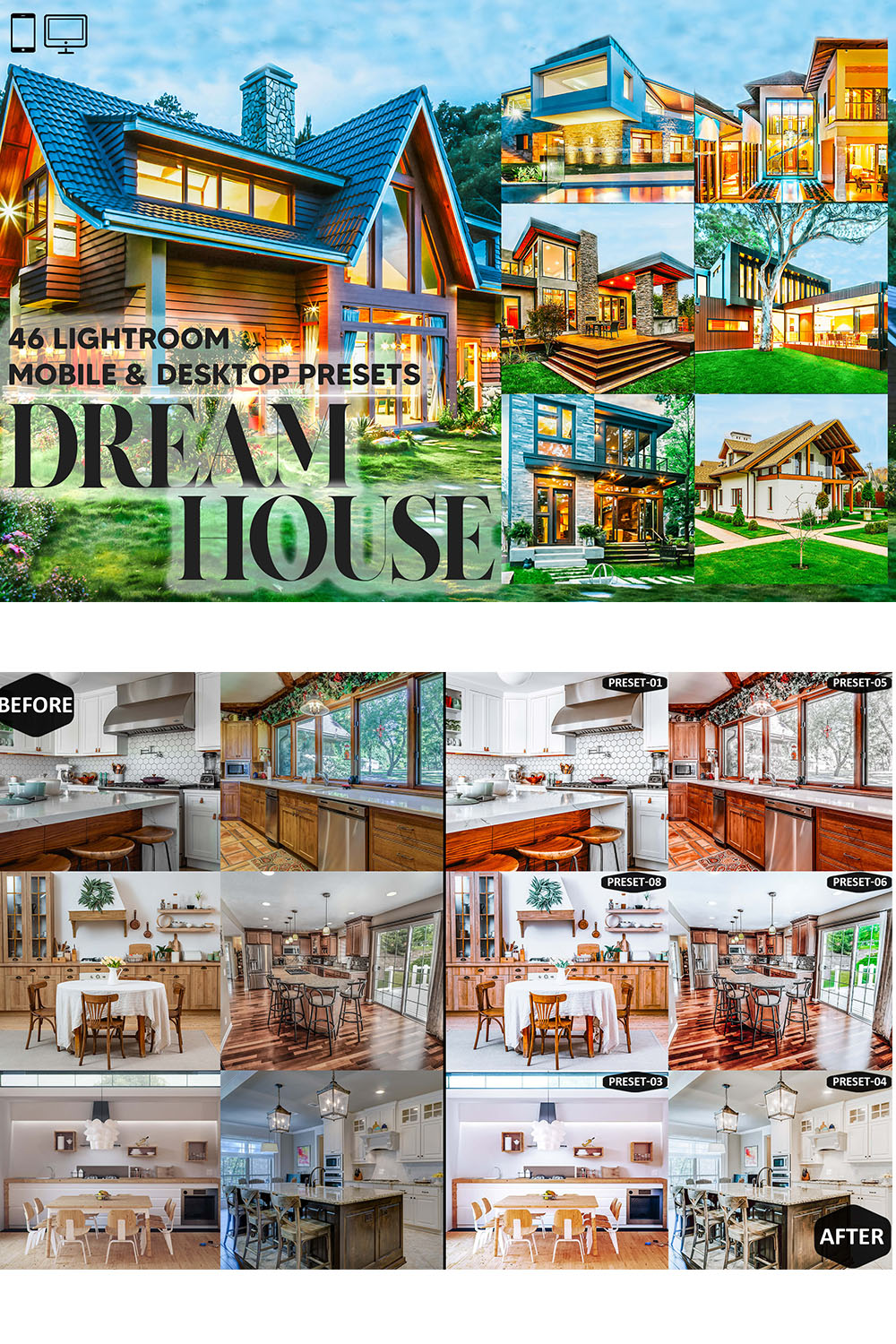 46 Dream House Lightroom Presets, Real Estate Mobile Preset, Interior Exterior Desktop, Portrait Lifestyle Theme For Instagram LR Filter DNG pinterest preview image.