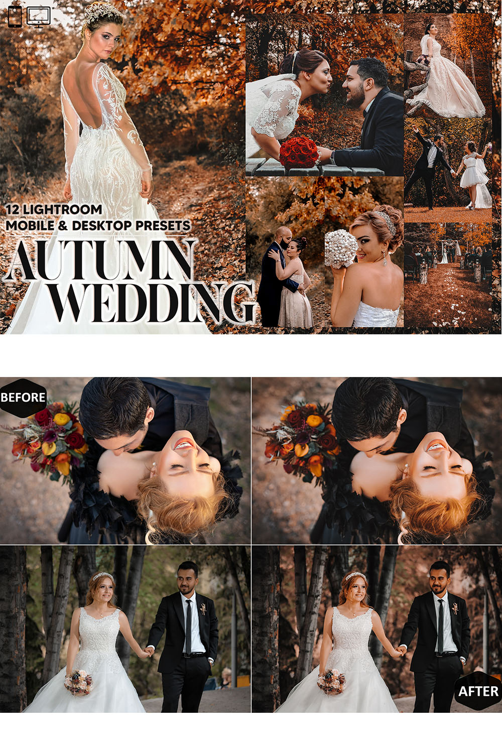 12 Autumn Wedding Lightroom Presets, Fall Mobile Preset, Bridal Best Desktop, Lifestyle Portrait Theme Instagram LR Filter DNG Moody Romance pinterest preview image.