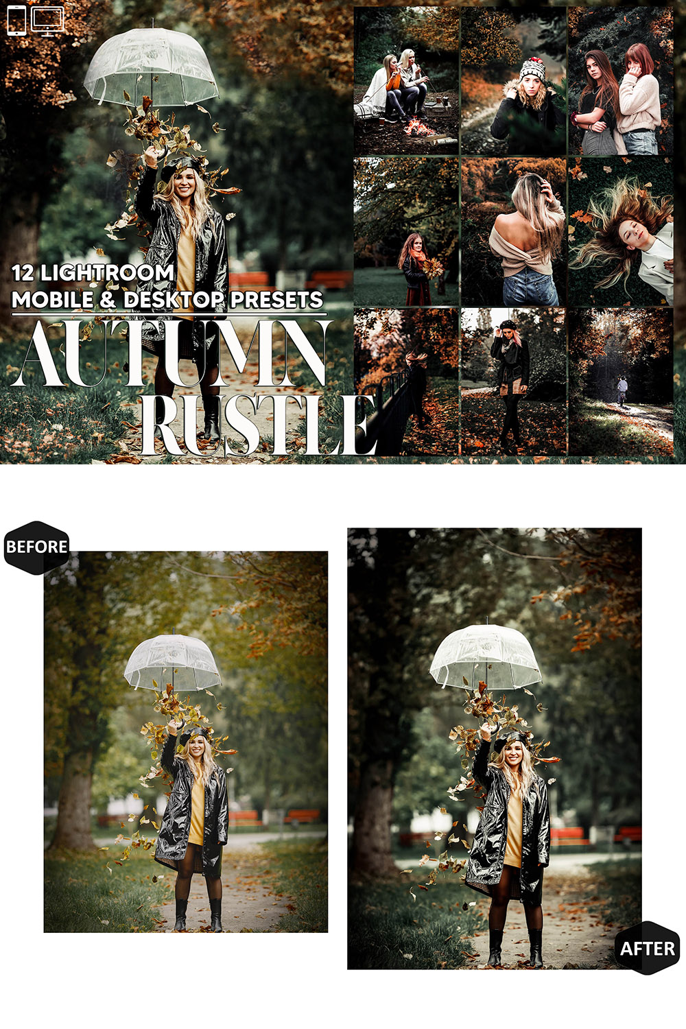 12 Autumn Rustle Lightroom Presets, Moody Mobile Editing, Beauty Aesthetic Desktop LR Filter DNG Portrait Instagram Theme, Aqua Hues, Blogger CC pinterest preview image.