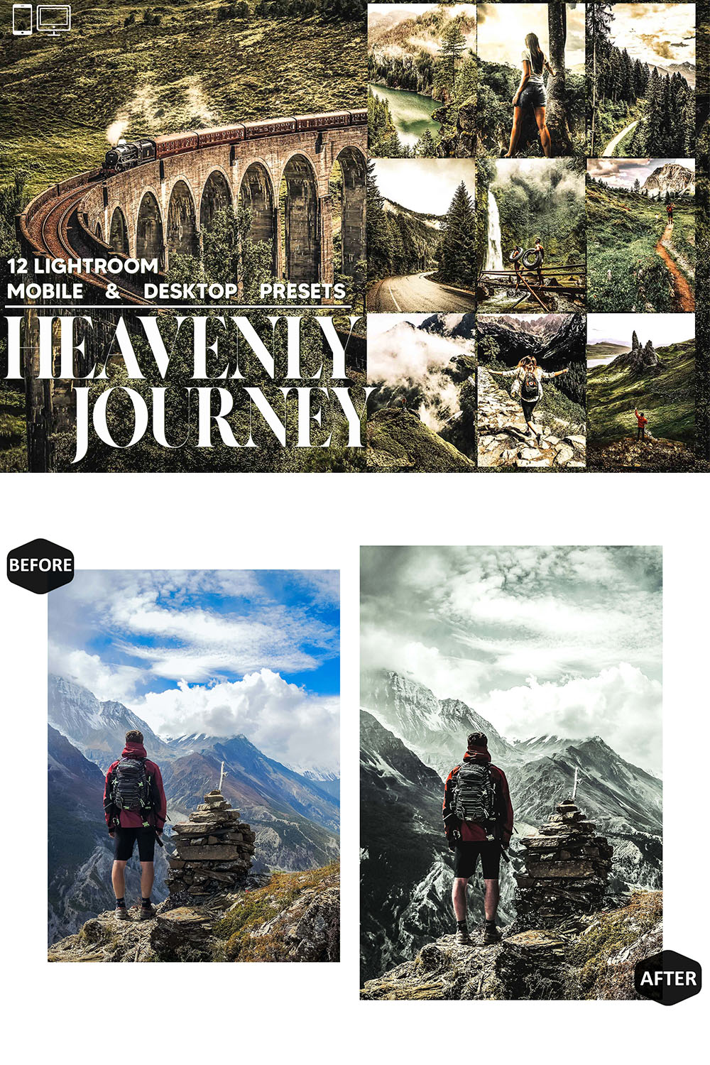 12 Heavenly Journey Lightroom Presets, Fall Mobile Editing, Moody Desktop LR Filter DNG Portrait Instagram Theme, Natural Edit, Blogger CC pinterest preview image.