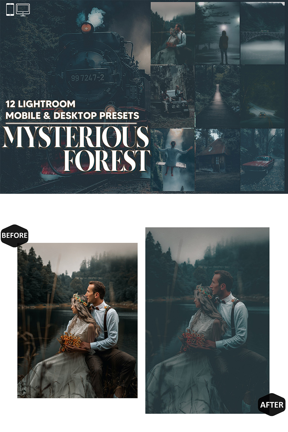 12 Mysterious Forest Lightroom Presets, Dreamy Moody Mobile Preset, Cloudy Desktop LR Filter DNG Instagram Lifestyle Theme, Portrait , Scheme pinterest preview image.