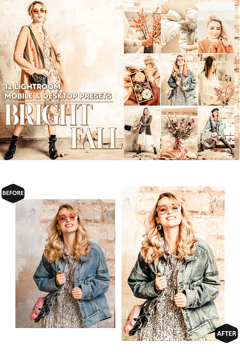 12 Bright Fall Lightroom Presets, Autumn Mobile Preset, Light Orange Desktop LR Filter DNG Portrait Instagram Theme For Lifestyle, Scheme pinterest preview image.