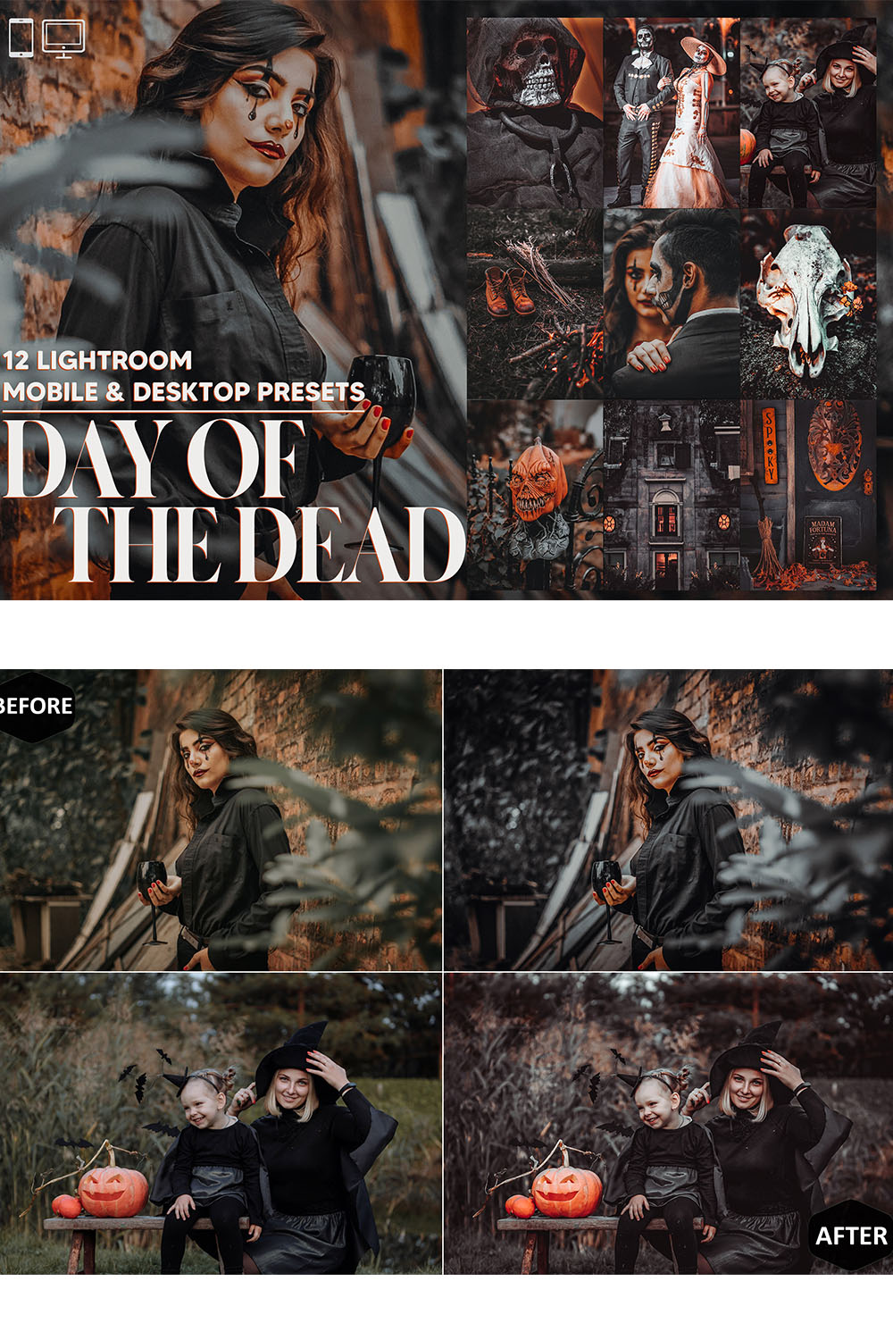 12 Day of the Dead Lightroom Presets, Halloween Mobile Preset, Black & Orange Desktop, Instagram Portrait Theme Lifestyle LR Filter DNG pinterest preview image.