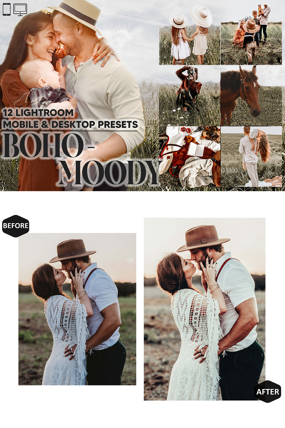 12 Boho-Moody Lightroom Presets, Rustic Mobile Preset, Family Bohemian Desktop, Lifestyle Portrait Theme Instagram LR Filter DNG Natural pinterest preview image.