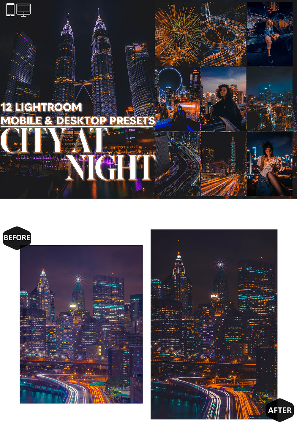 12 City At Night Lightroom Presets, Moody Urban Mobile Preset, Orange Street Desktop LR Filter DNG Instagram Portrait Theme, Lifestyle , Scheme pinterest preview image.