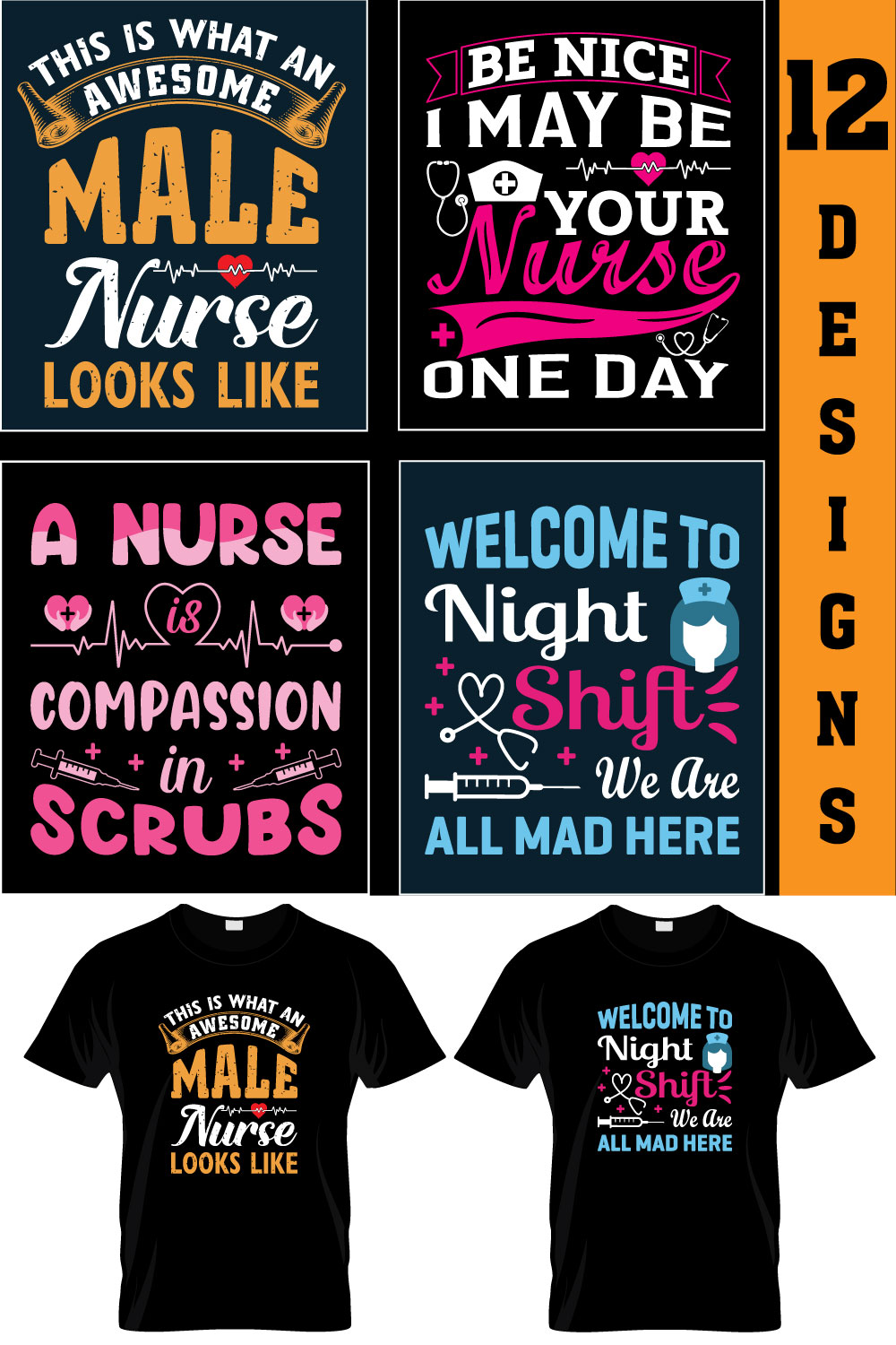 15 Nurse Typography SVG Bundle T-Shirt Design Vector Template pinterest preview image.