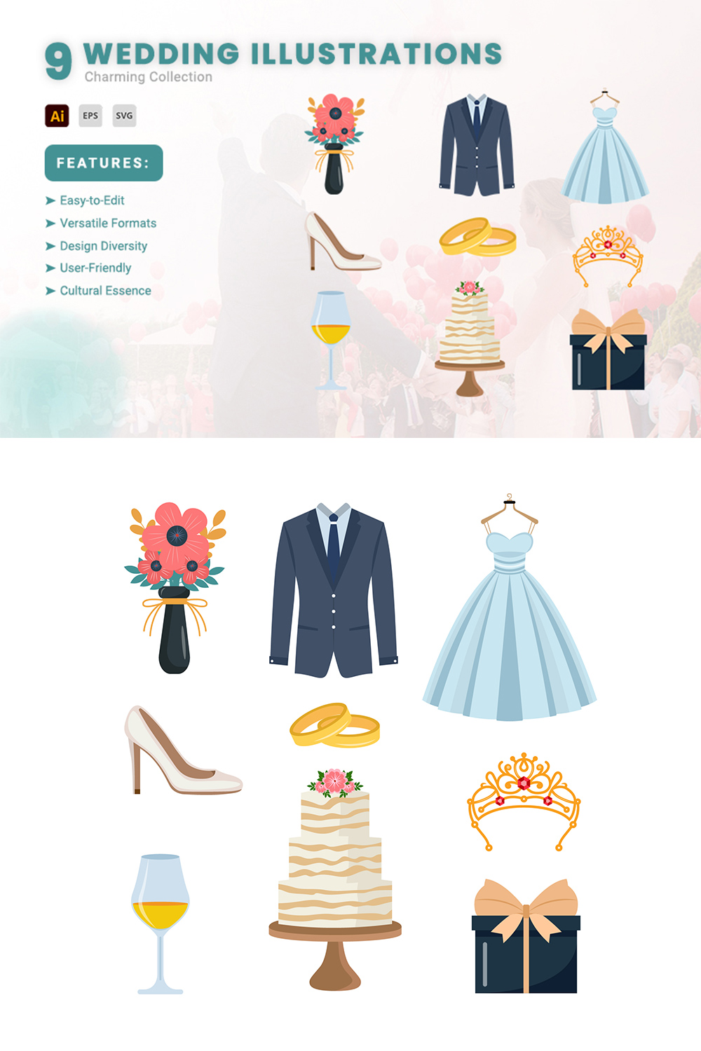 Vector Set of Hand Drawn Wedding Illustrations pinterest preview image.