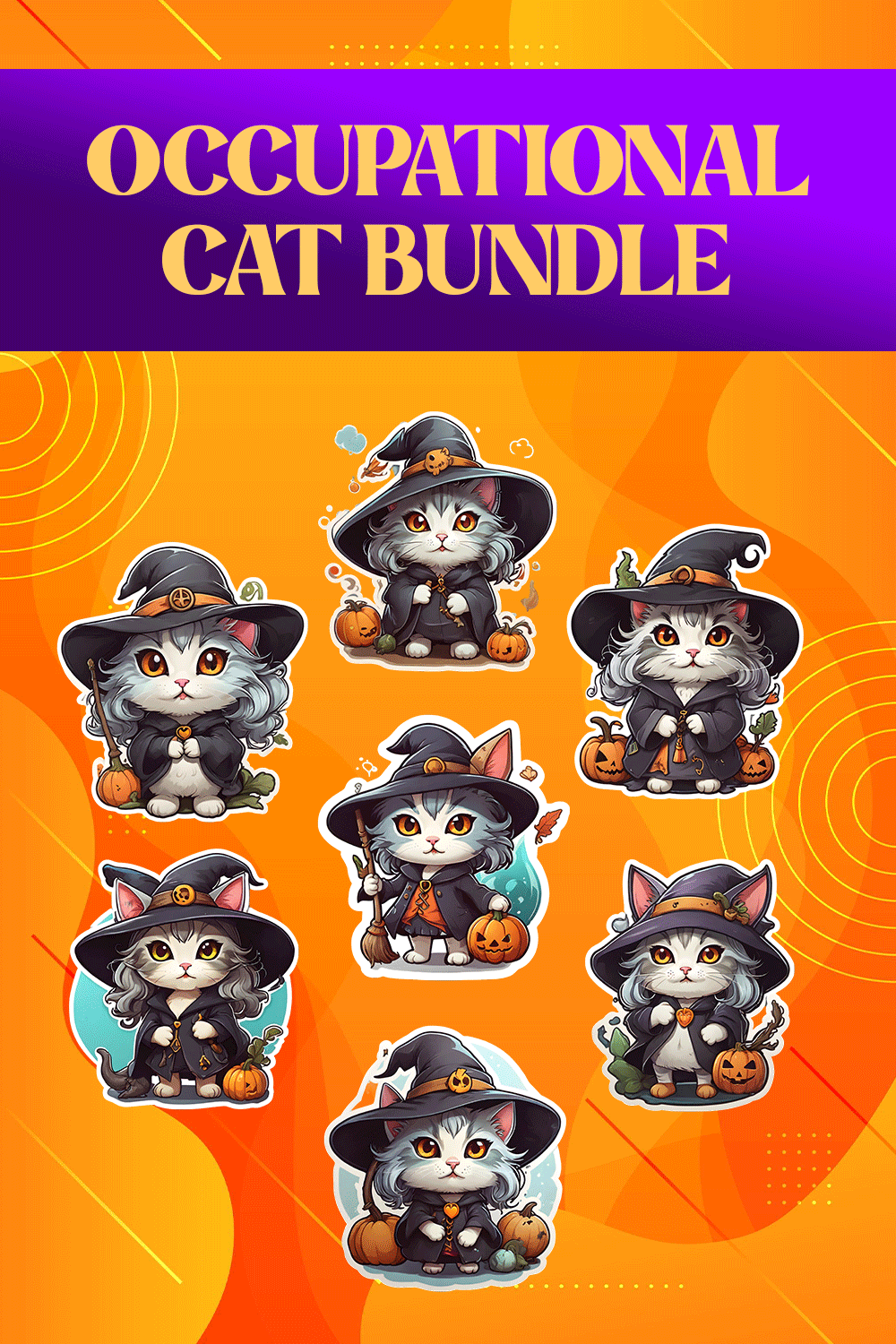 Cute Witch Cat Stickers PNG’s pinterest preview image.