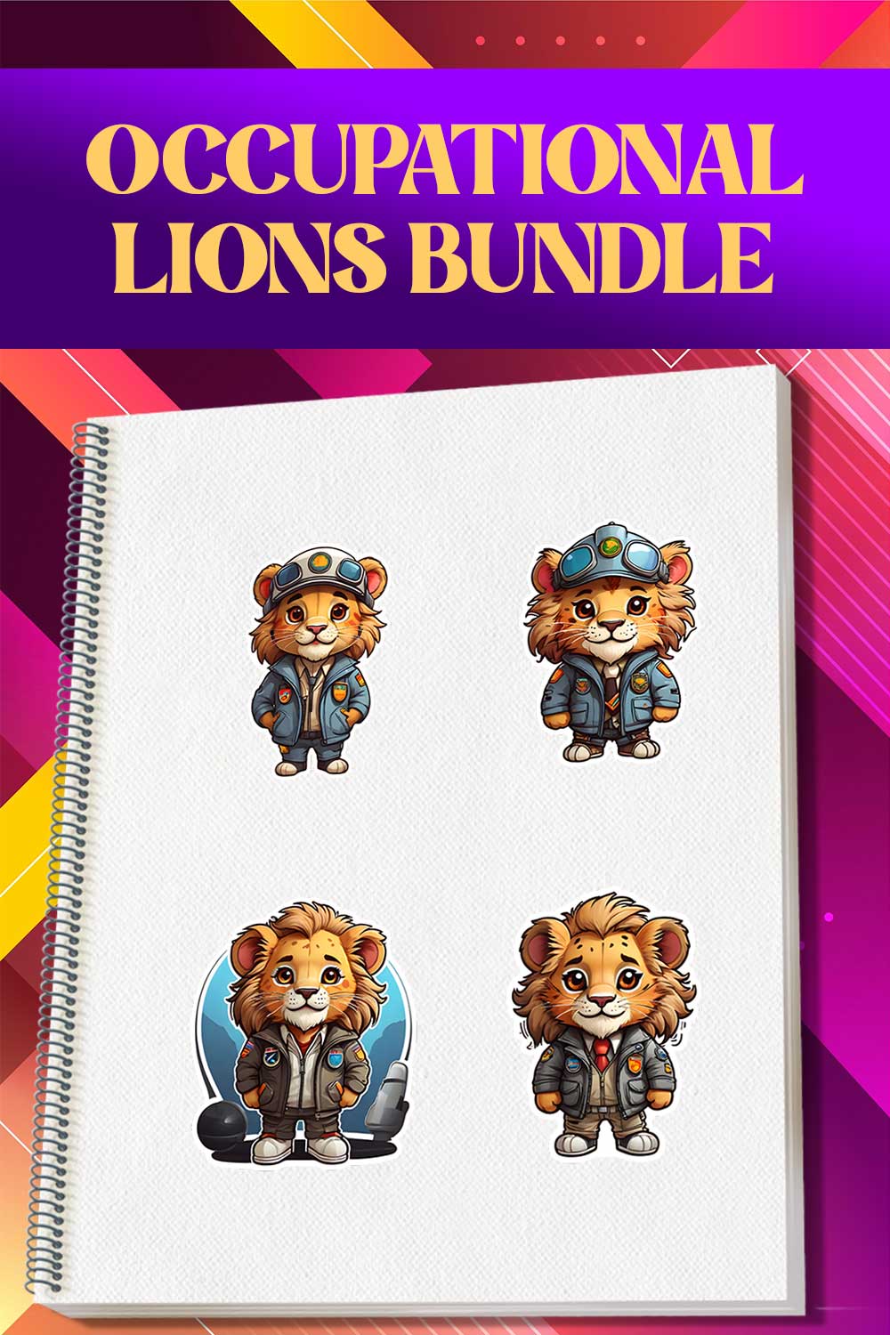 Cute Pilot Lion Stickers PNG’s pinterest preview image.