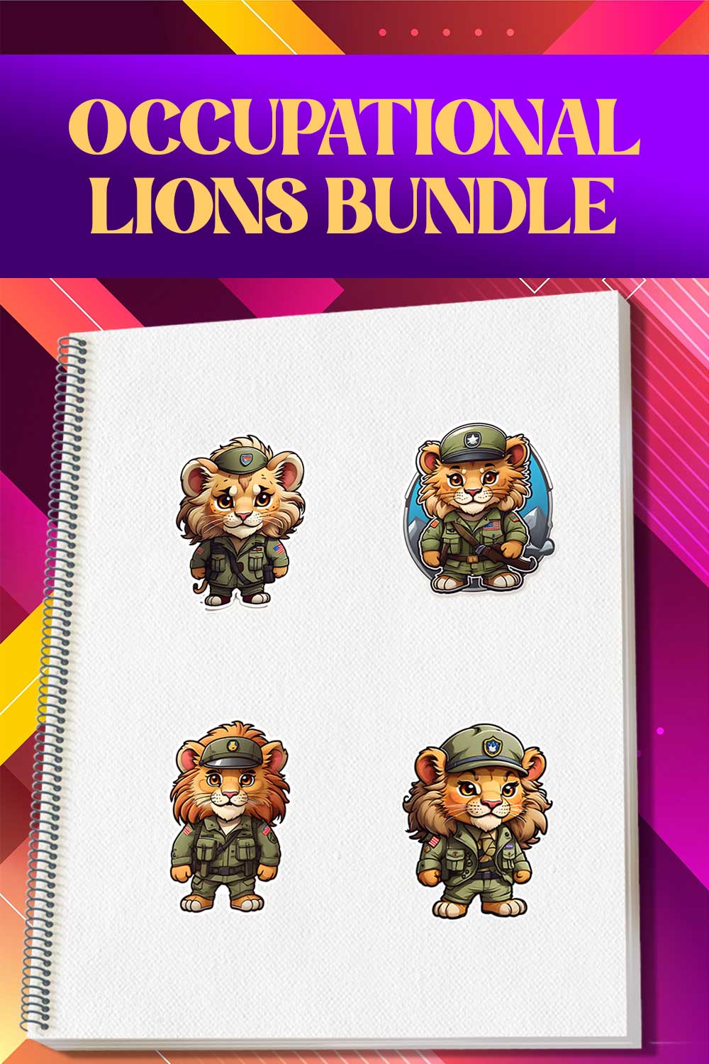 Cute Army Lion Stickers PNG’s pinterest preview image.