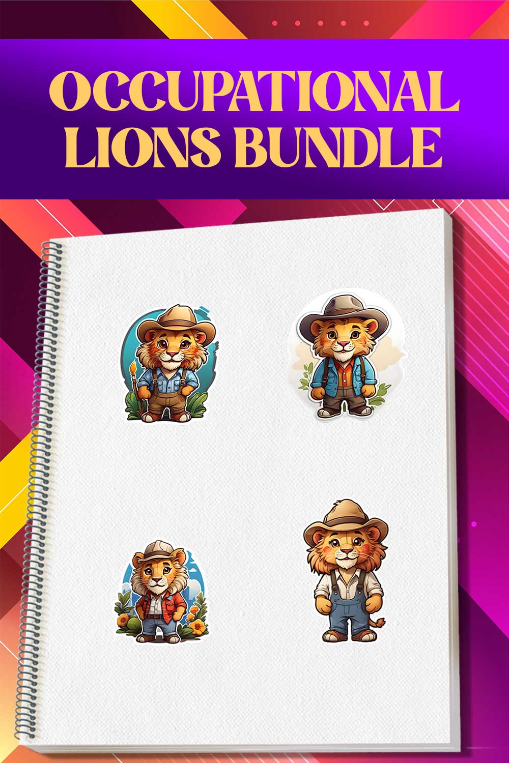 Cute Farmer Lion Stickers PNG’s pinterest preview image.