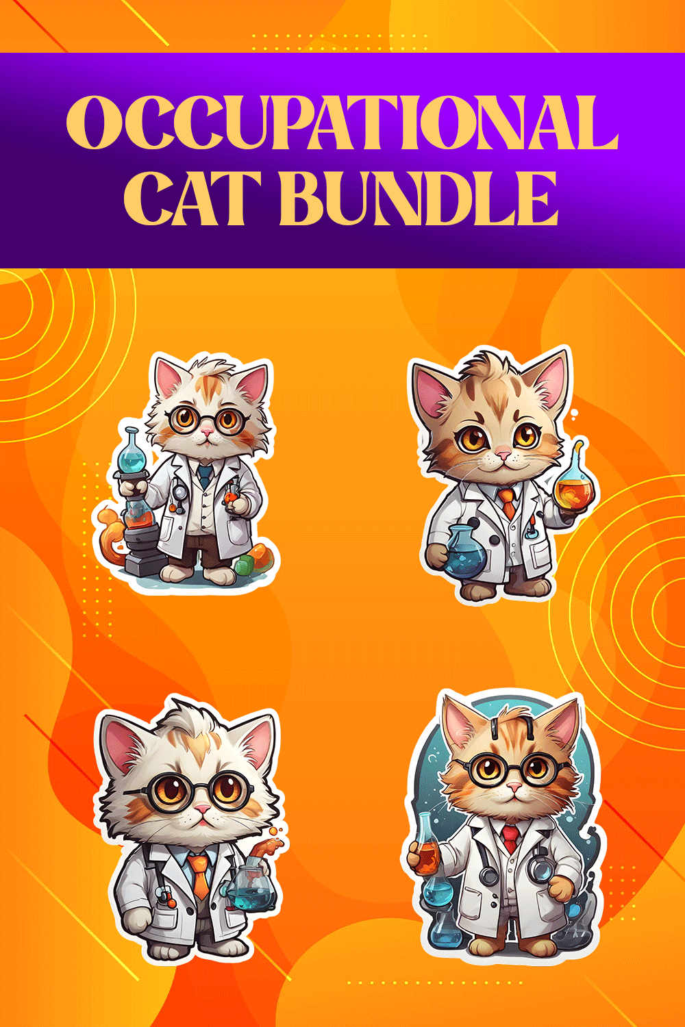 Cute Scientist Cat Stickers PNG’s pinterest preview image.