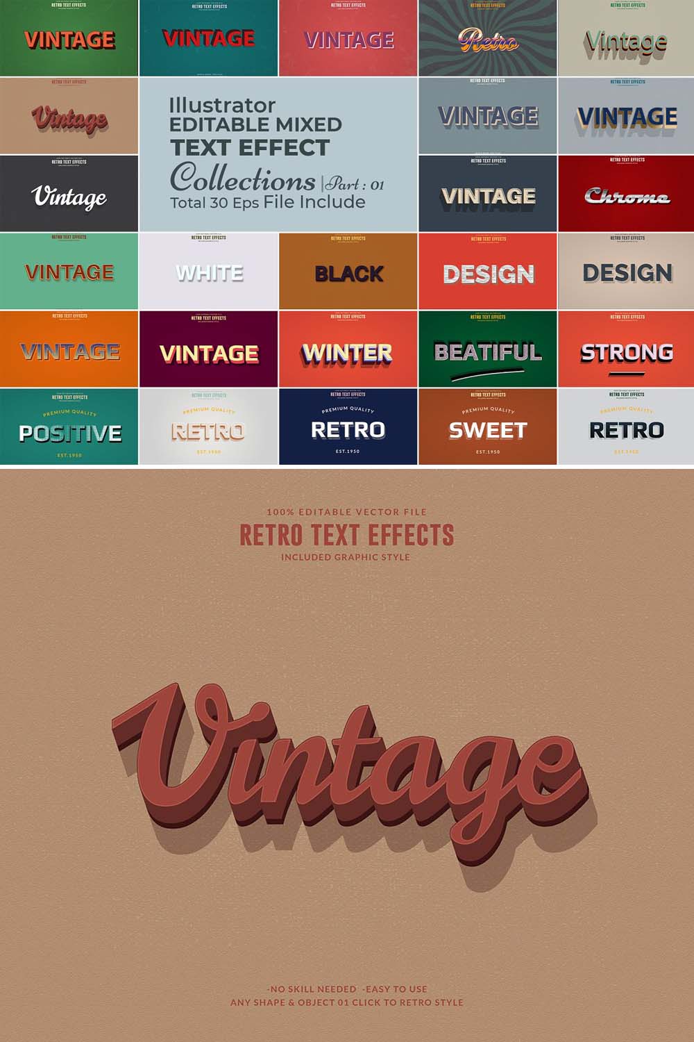 Editable Retro Vector Text Effect pinterest preview image.