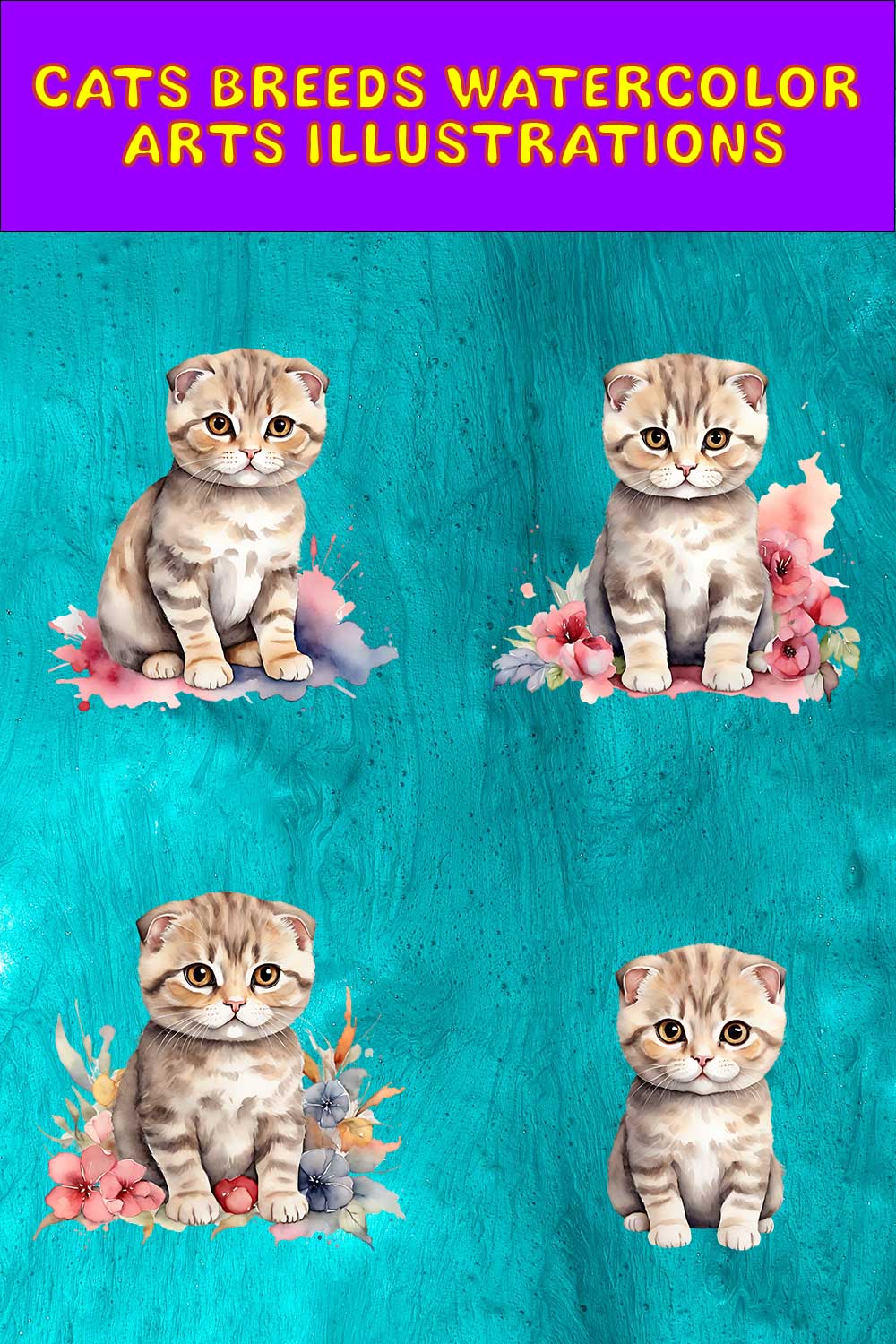 Watercolor Scottish Fold Cat Arts PNG's pinterest preview image.