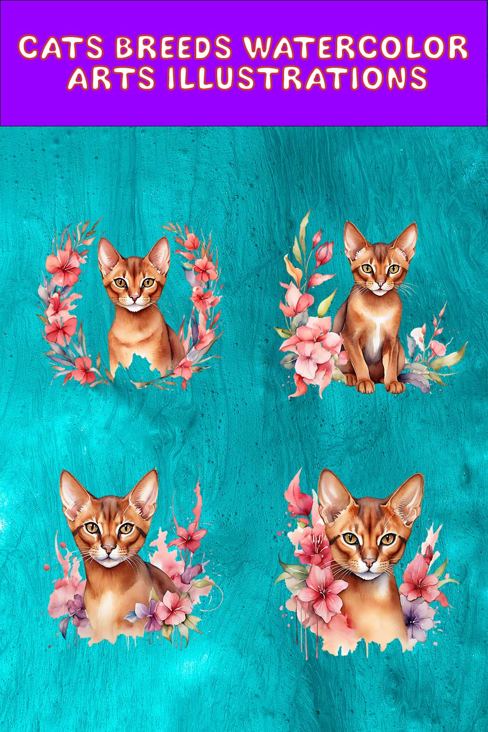 Watercolor Abyssinian Cat Arts PNG's pinterest preview image.