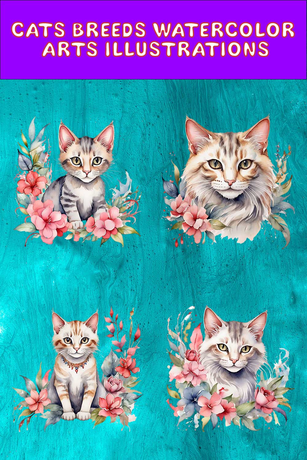 Watercolor Balinese Cat Arts PNG's pinterest preview image.