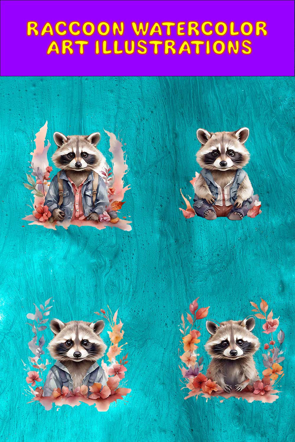 Raccoon Watercolor Art 4 Transparent PNG Illustrations pinterest preview image.