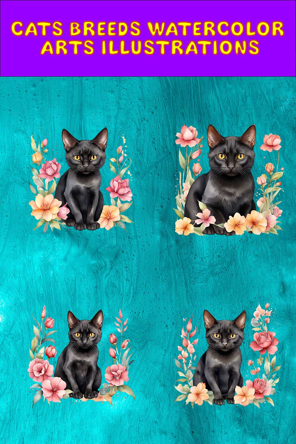 Watercolor Bombay Cat Arts PNG's pinterest preview image.