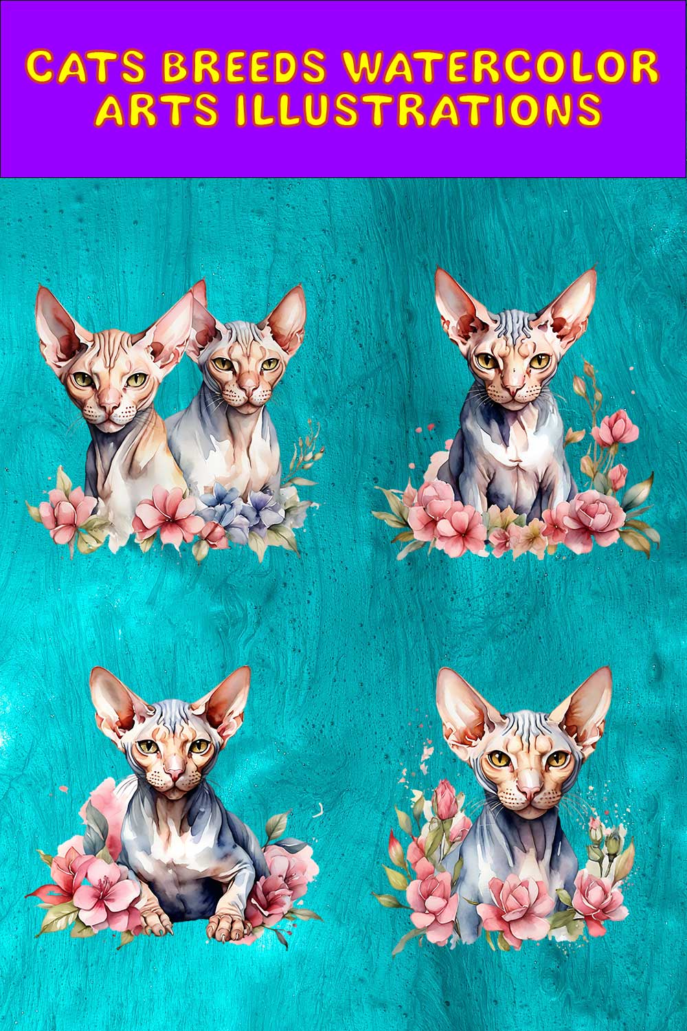 Watercolor Sphynx Cat Arts PNG's pinterest preview image.