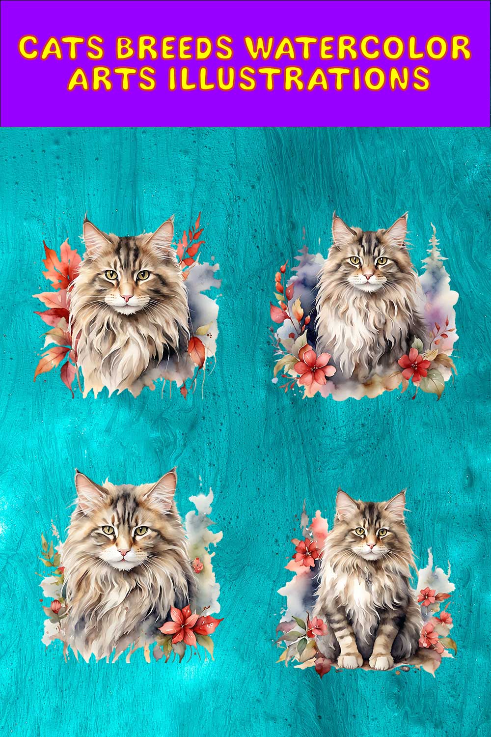 Watercolor Norwegian Forest Cat Arts PNG's pinterest preview image.