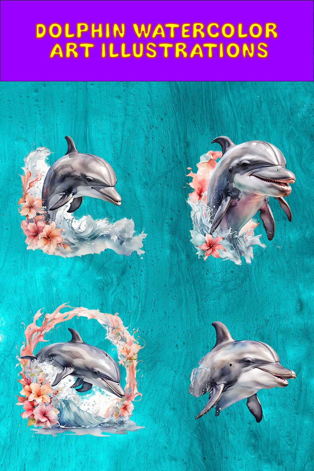 Dolphin Watercolor Art 4 Transparent PNG Illustrations pinterest preview image.